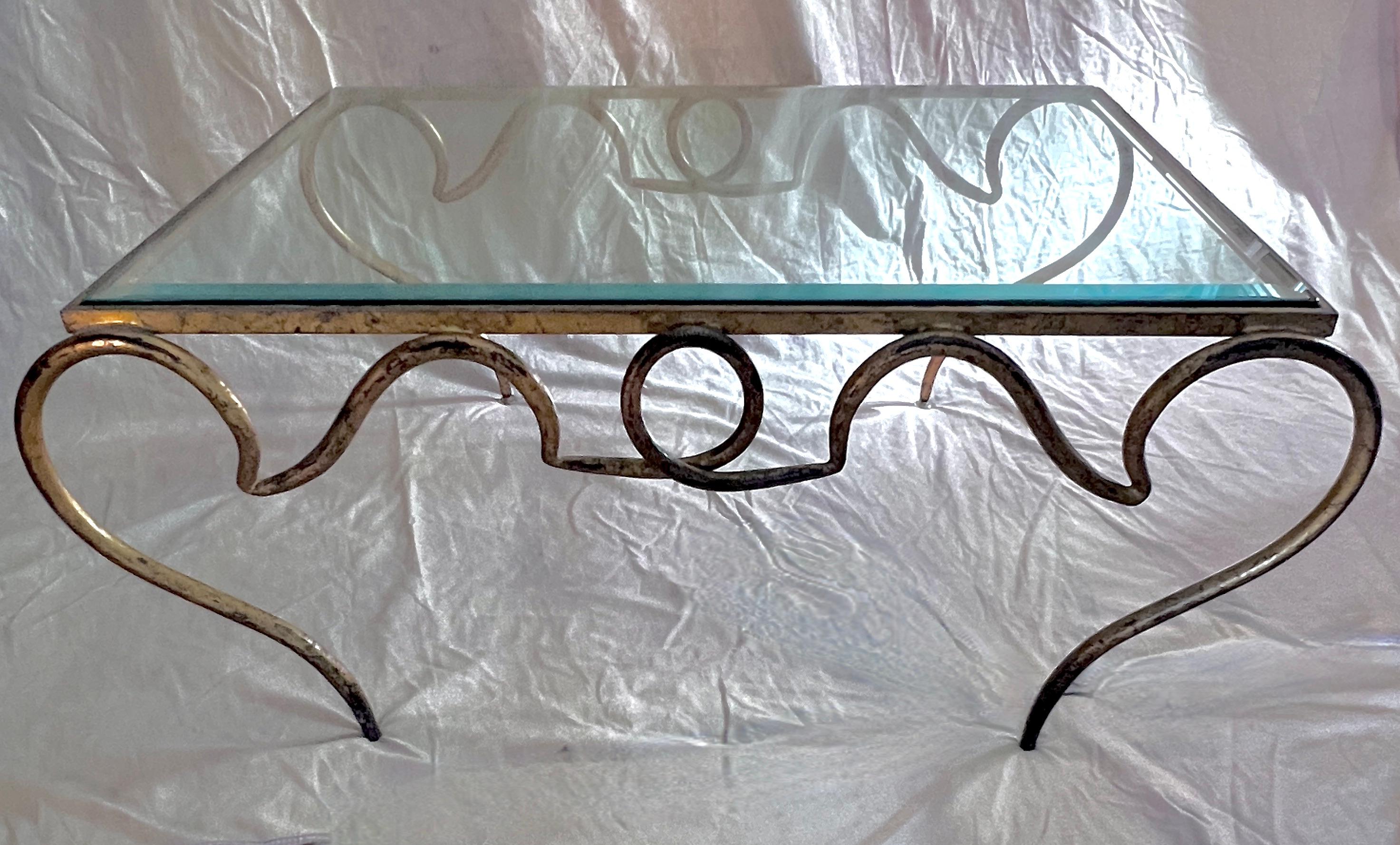 Hand-Crafted French Gilt Wrought Iron Cocktail Table by Rene Prou For Sale