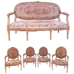 Suite da salotto francese a cinque pezzi in legno dorato e arazzo in stile Luigi XVI, circa 1890