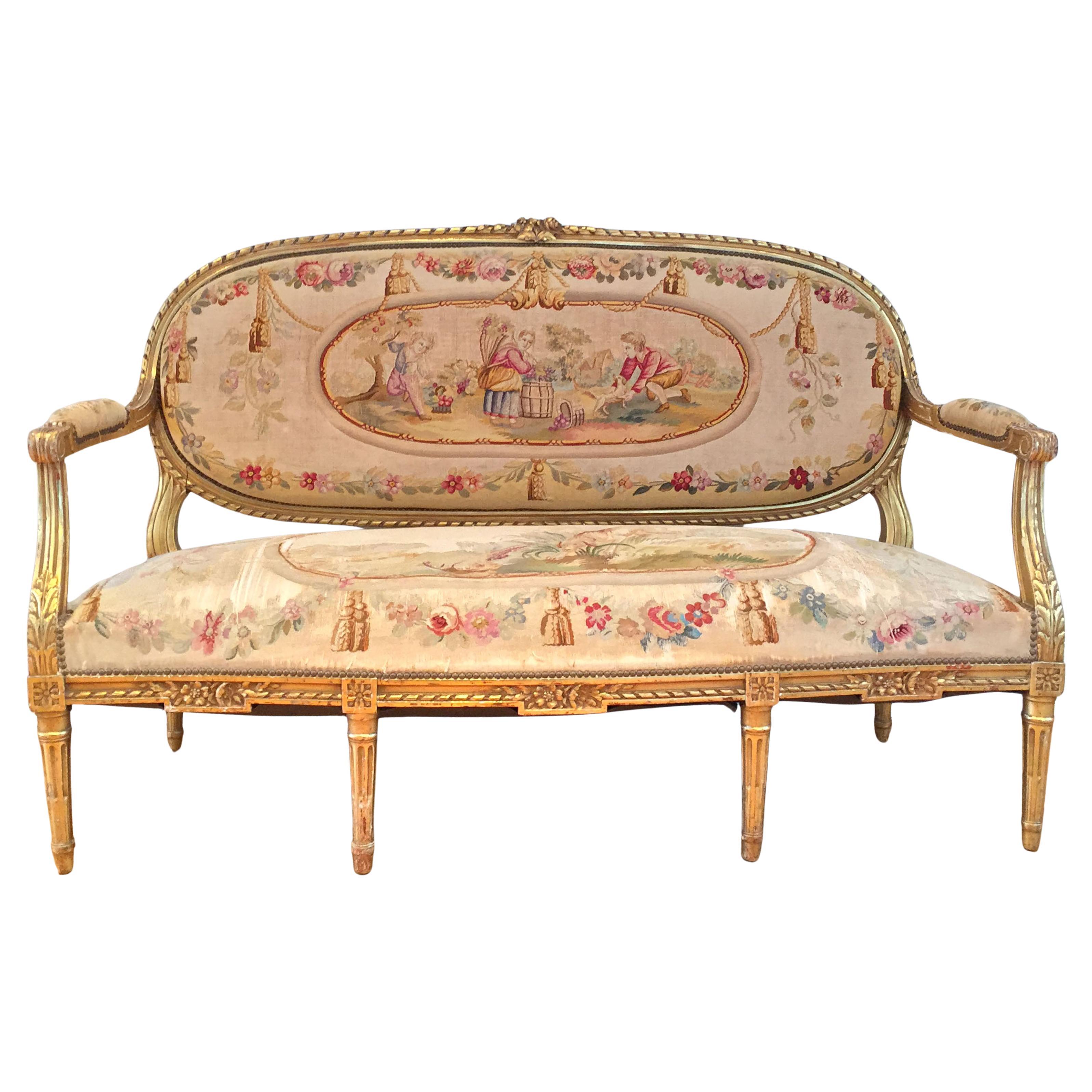 Französisch Giltwood und Tapisserie Fünf Stücke Salon Suite Louis XVI Stil, um 1890 im Angebot