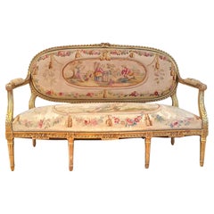 Suite da salotto francese a cinque pezzi in legno dorato e arazzo in stile Luigi XVI, circa 1890