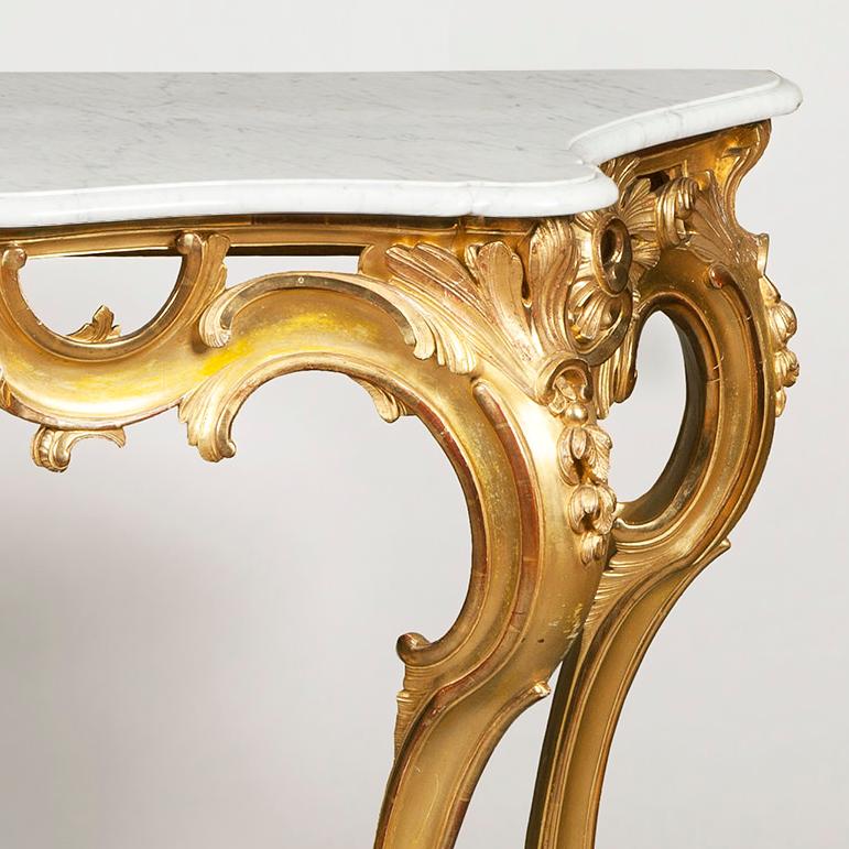 Carrara Marble French Giltwood and White Marble Console Table, 19th Century