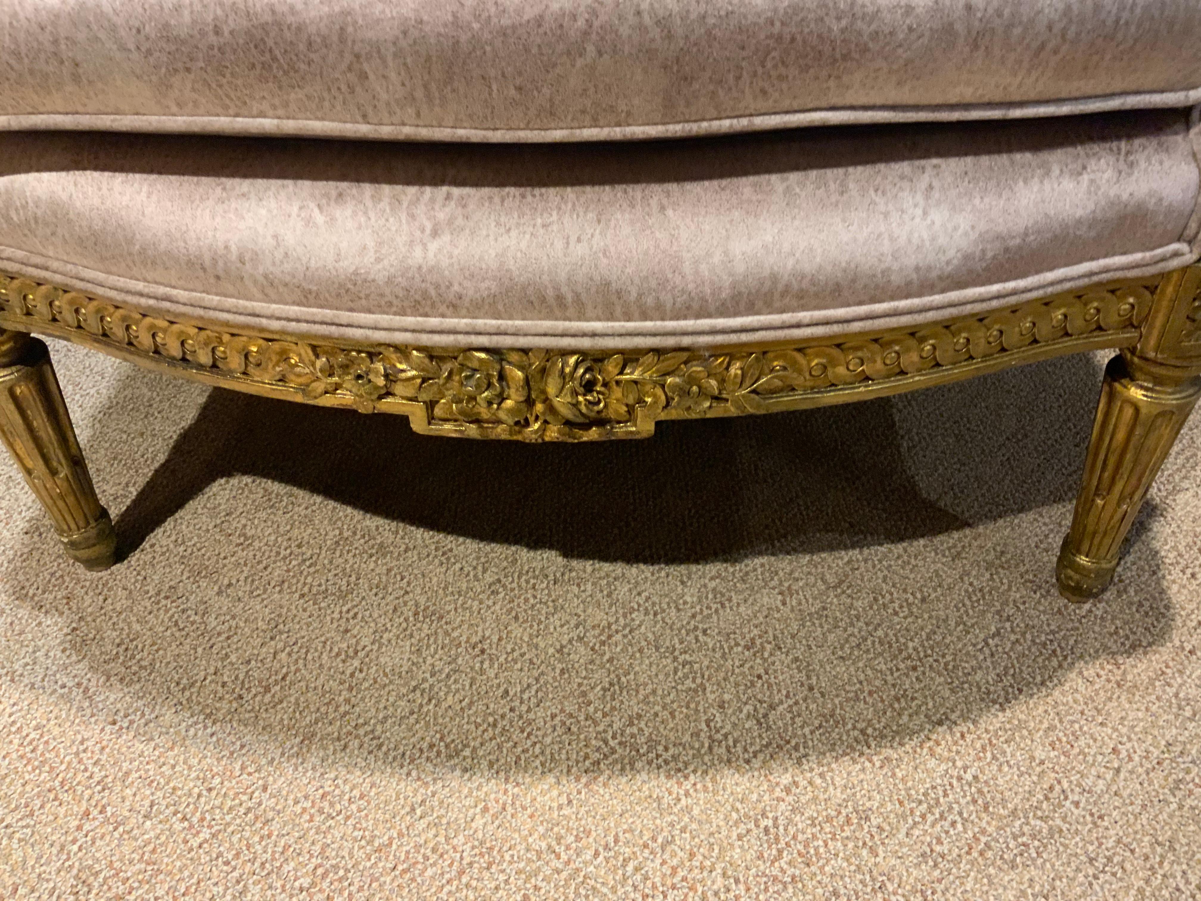 This bergere chair from France has exquisite style and
Form. It is very comfortable due to the shape of the
back and the seat. The curve of the back is very 
Pleasing. The gilding is a light gold original hue
And the patina is pleasing. The