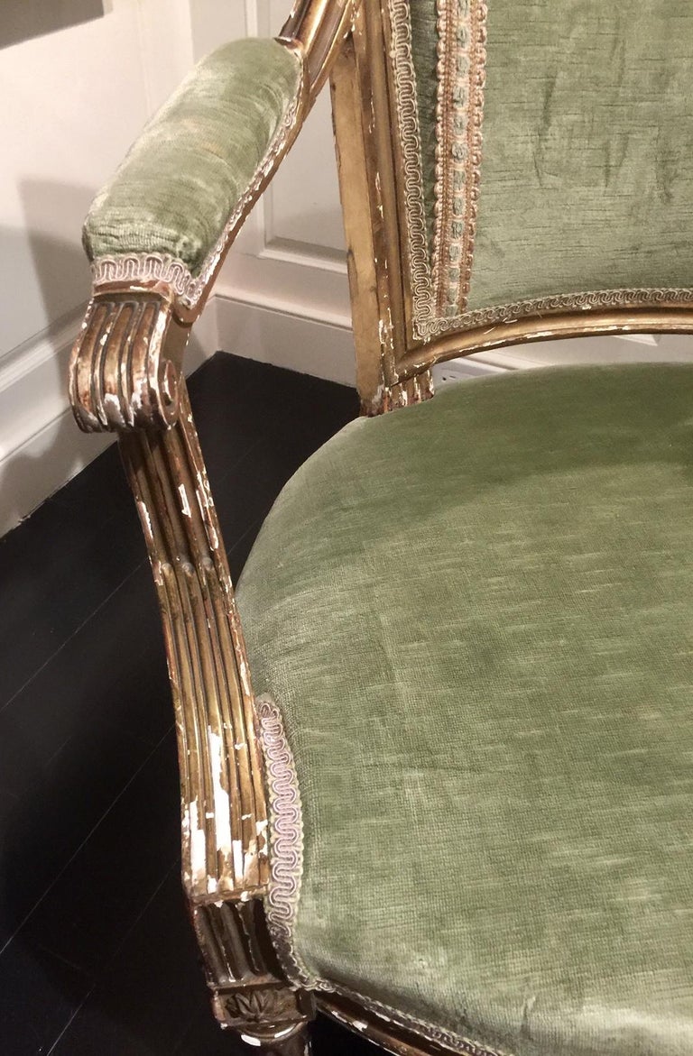 French Giltwood Cabriolet Armchair, Louis XVI Style, Linen Velvet For Sale 10