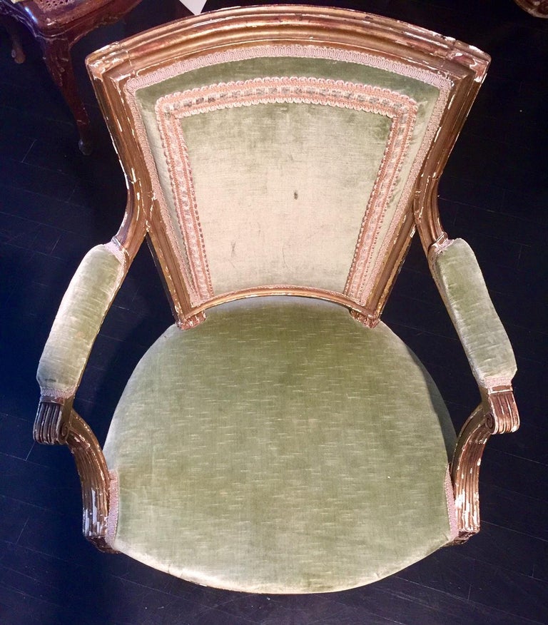 French Giltwood Cabriolet Armchair, Louis XVI Style, Linen Velvet In Good Condition For Sale In Montreal, Quebec