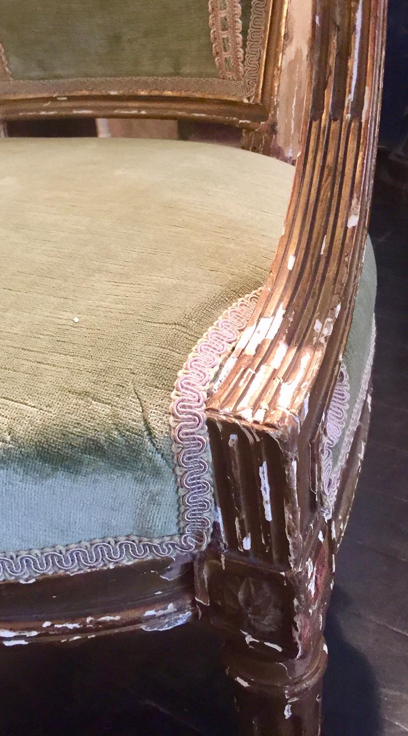 French Giltwood Cabriolet Armchair, Louis XVI Style, Linen Velvet 3