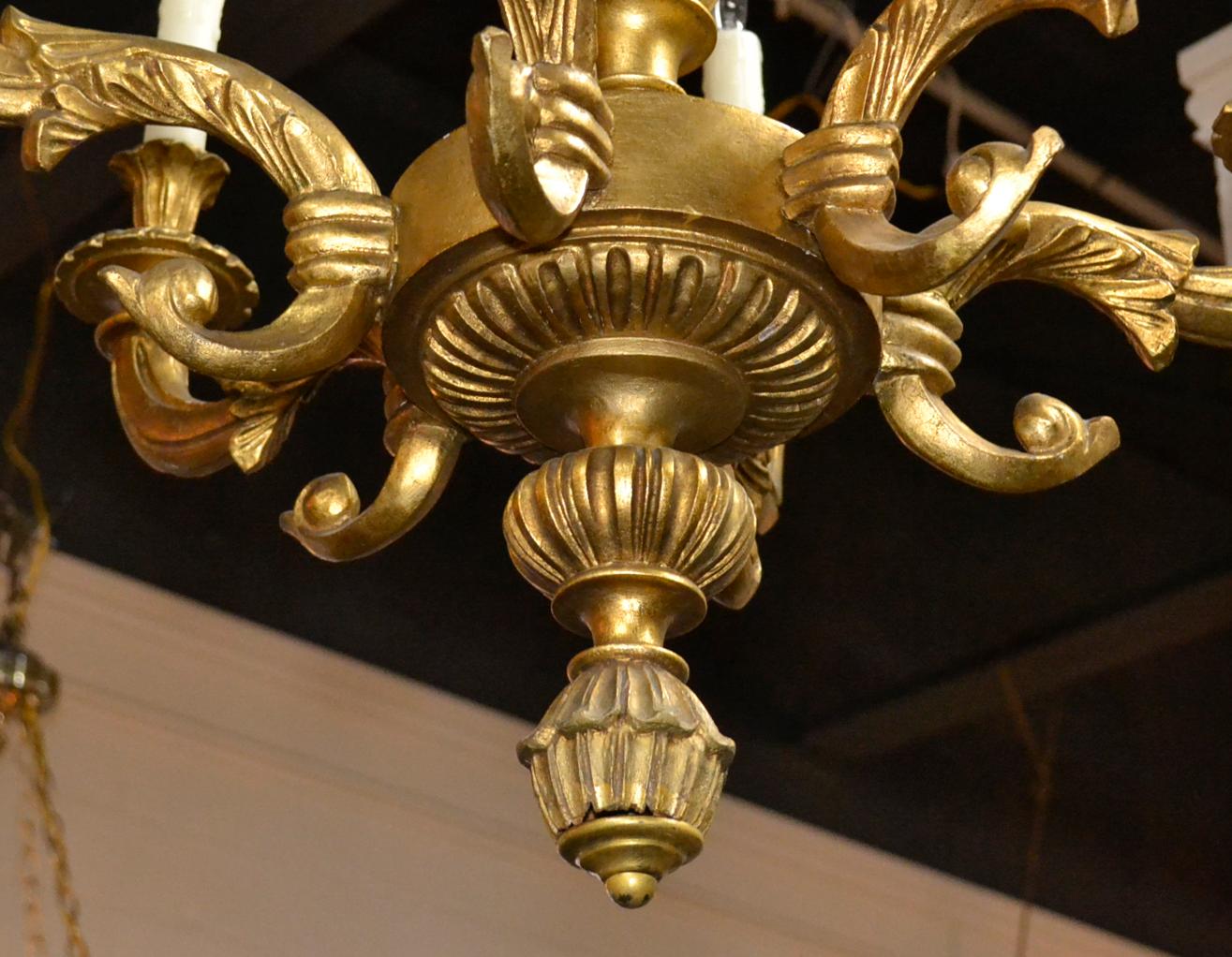 Excellent French carved giltwood 6-light chandelier.