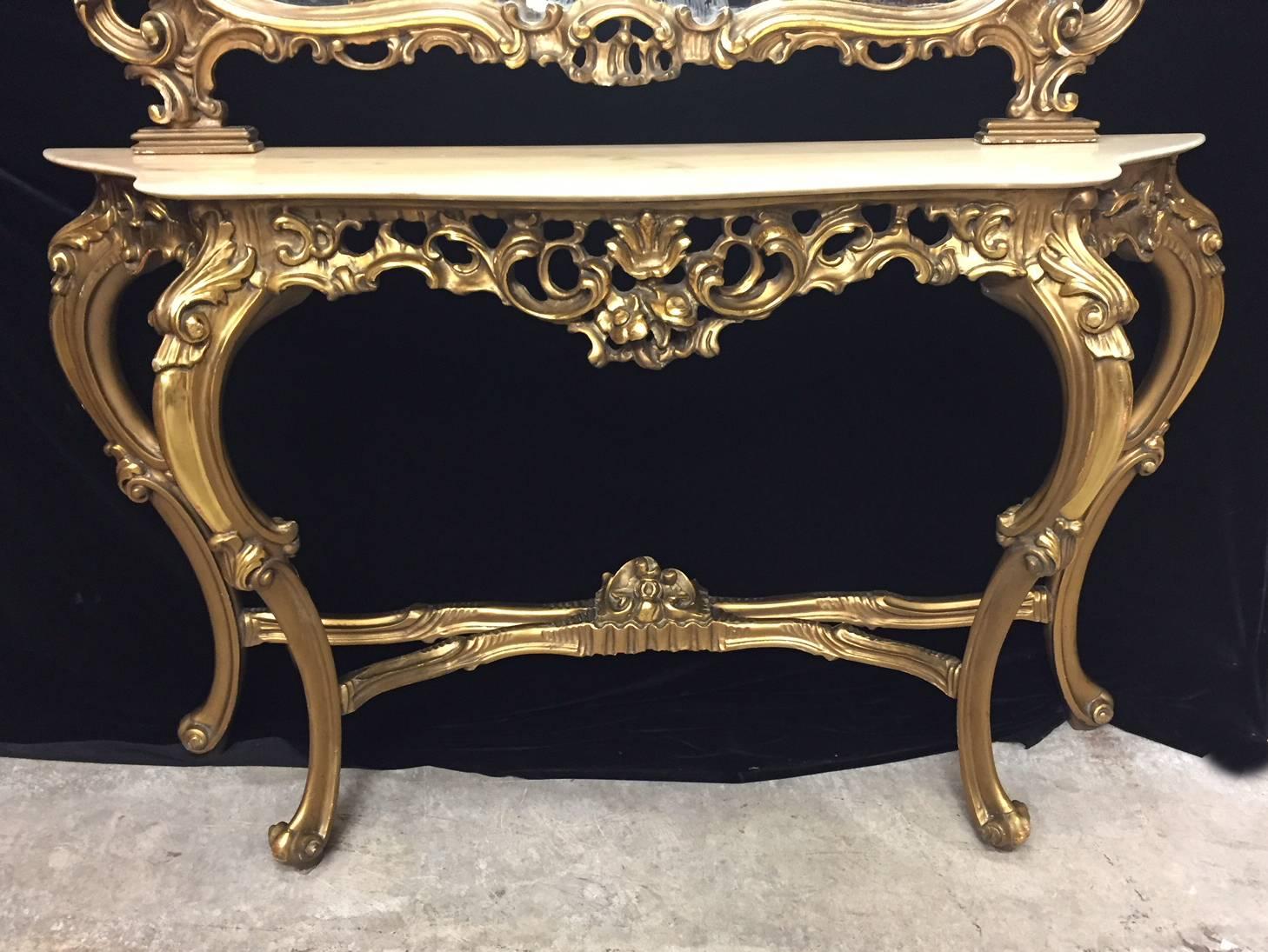 20th Century French Giltwood Console and Mirror with Marble Top