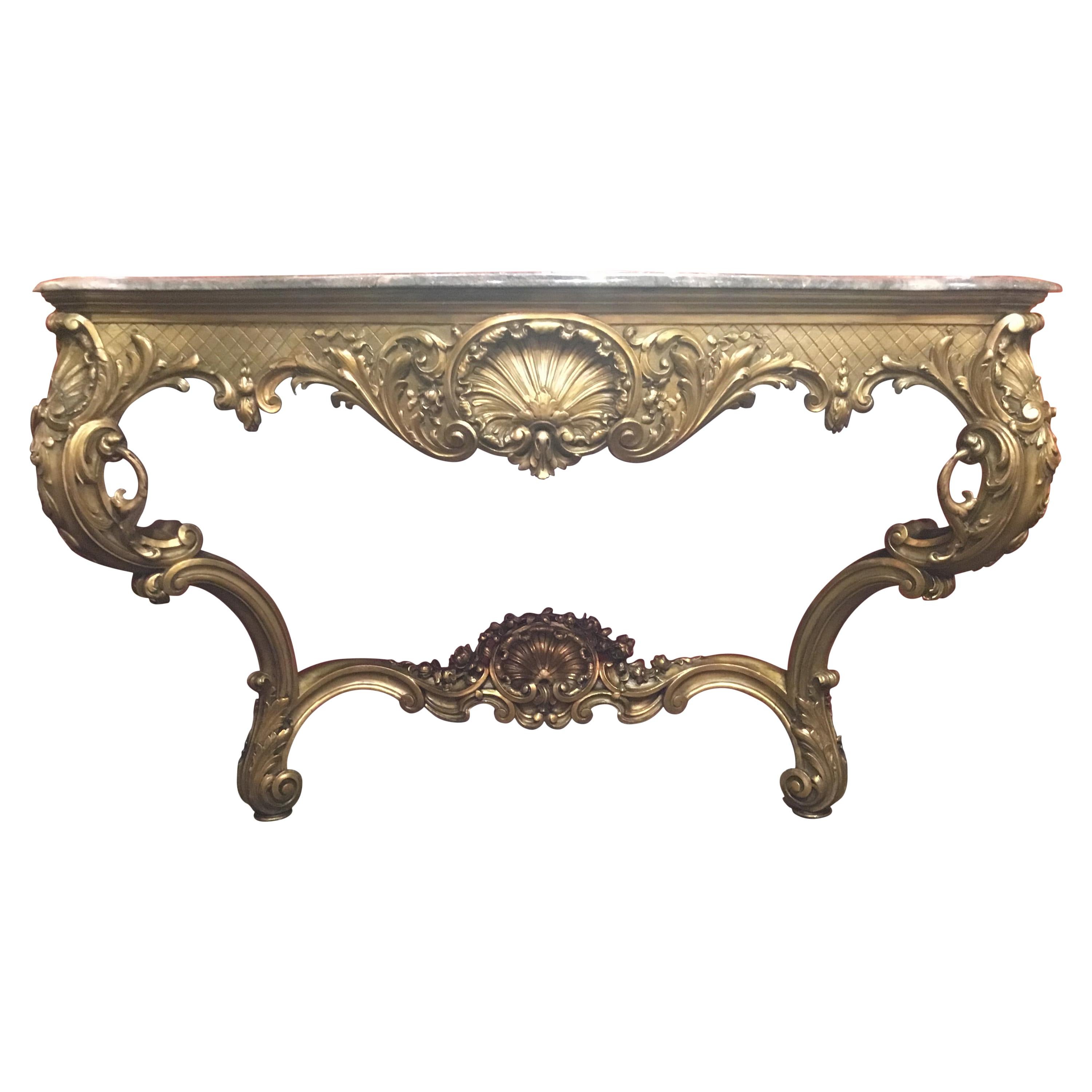 French Giltwood Console with Gray Marble, 19th Century Louis XV Style