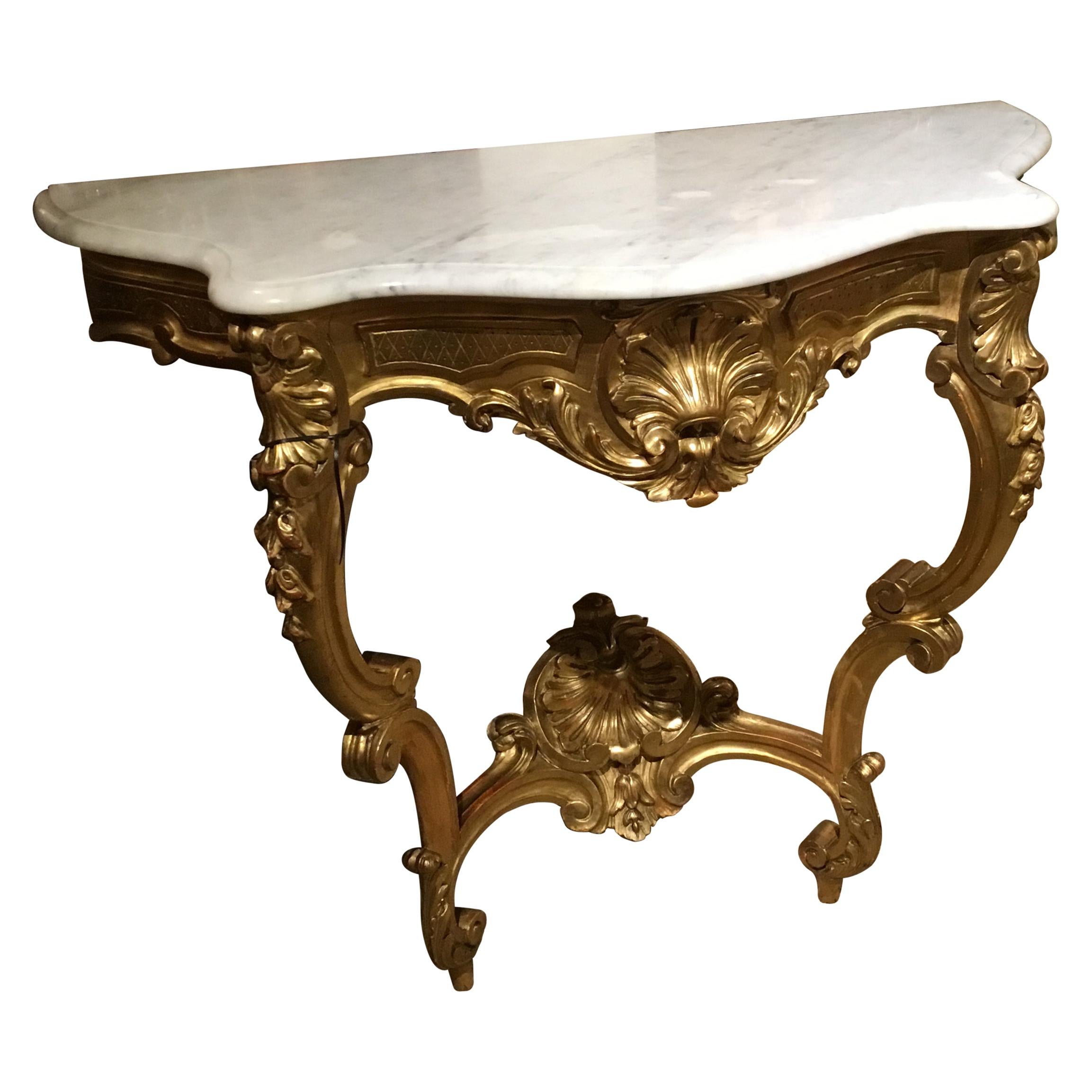 French Giltwood Console with White Marble Top Having Pale Gray Veining, Carved For Sale
