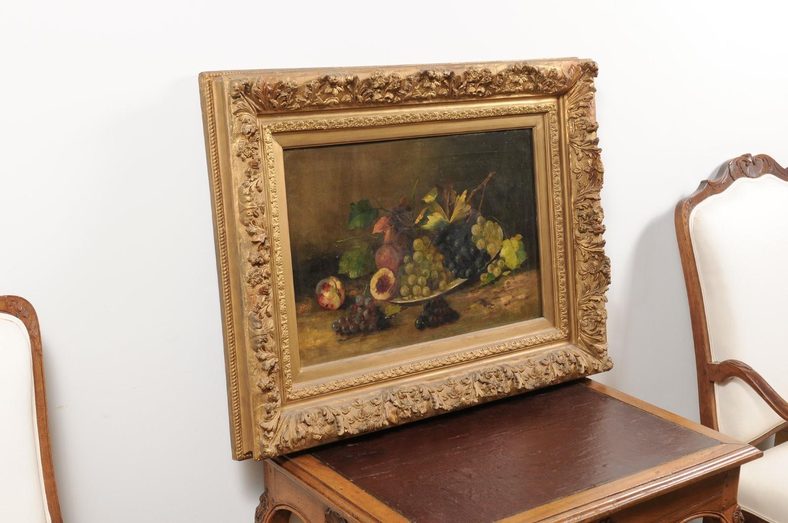 French Giltwood Framed 19th Century Oil on Canvas Painting Depicting Fruits 6