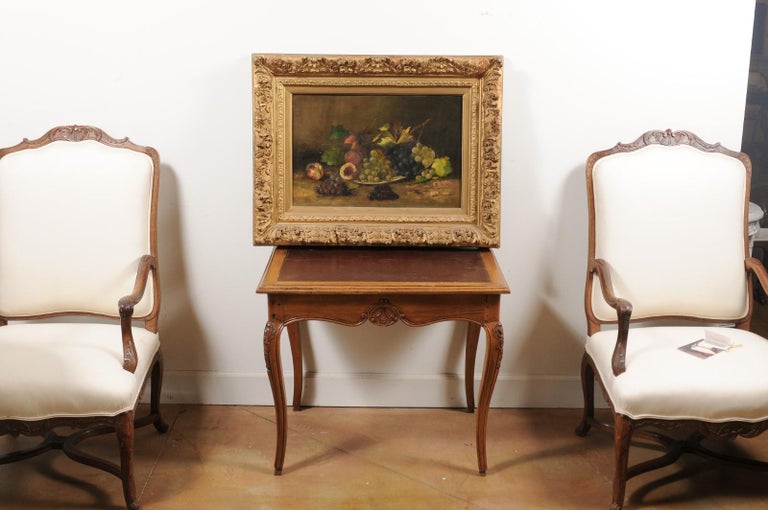 Carved French Giltwood Framed 19th Century Oil on Canvas Painting Depicting Fruits For Sale