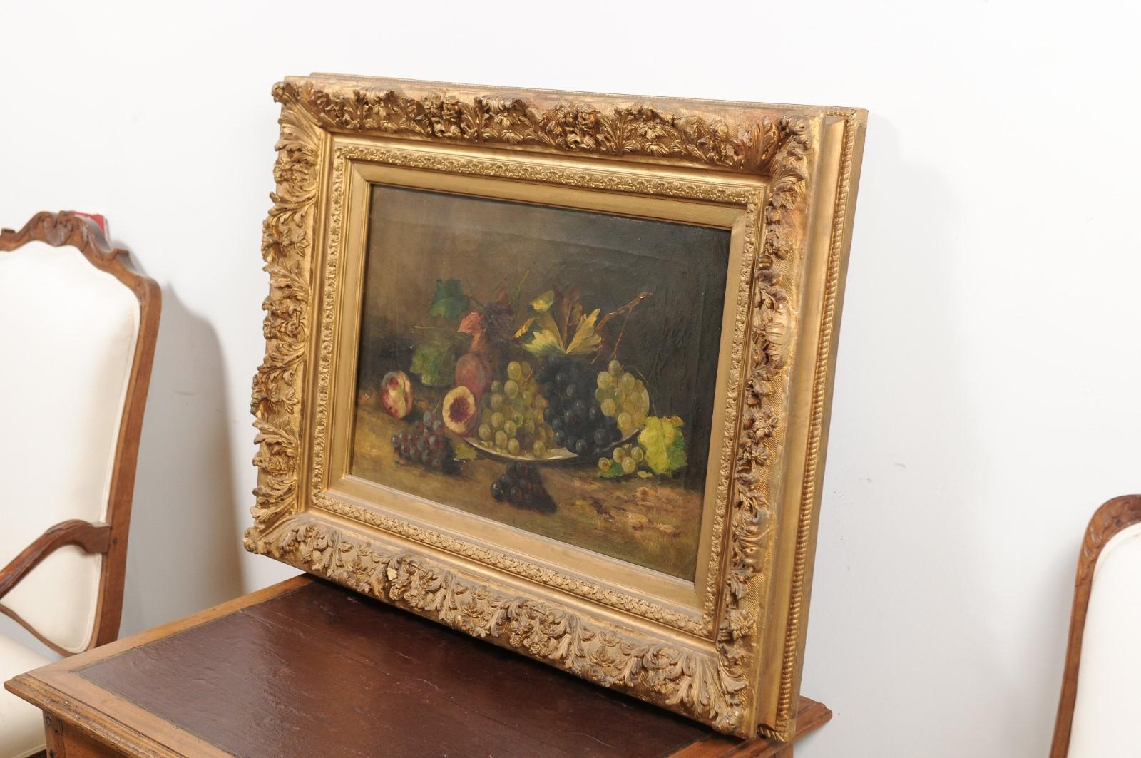 French Giltwood Framed 19th Century Oil on Canvas Painting Depicting Fruits 5