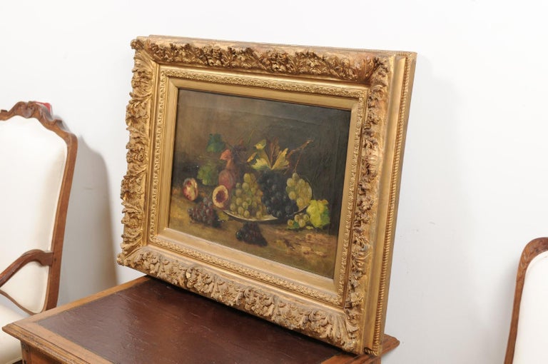 French Giltwood Framed 19th Century Oil on Canvas Painting Depicting Fruits For Sale 5