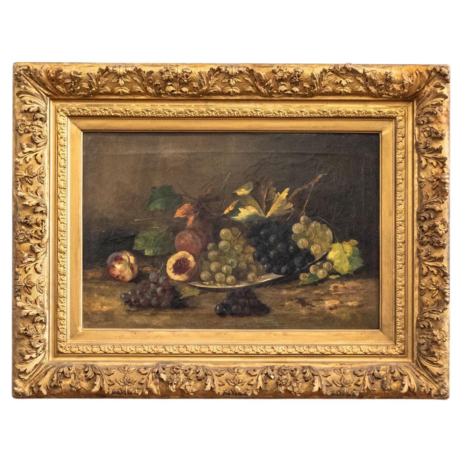 Huile sur toile du 19ème siècle encadrée de bois doré représentant des fruits en vente