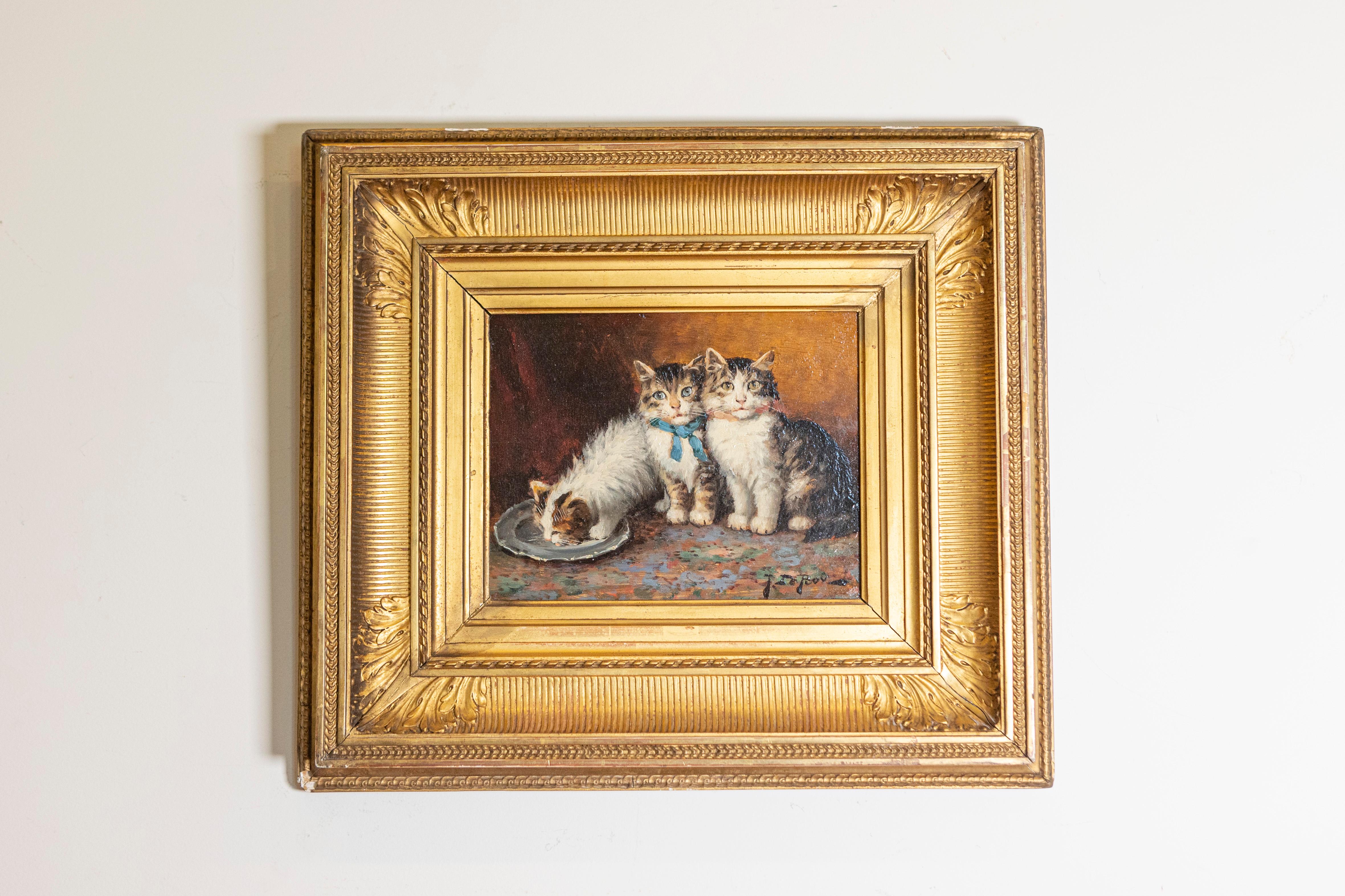 Un piccolo dipinto francese a olio su tavola di un gattino dell'inizio del XX secolo, firmato da Jules Le Roy. Questo incantevole piccolo dipinto francese a olio su tavola di un gattino dell'inizio del XX secolo, firmato dal famoso pittore di