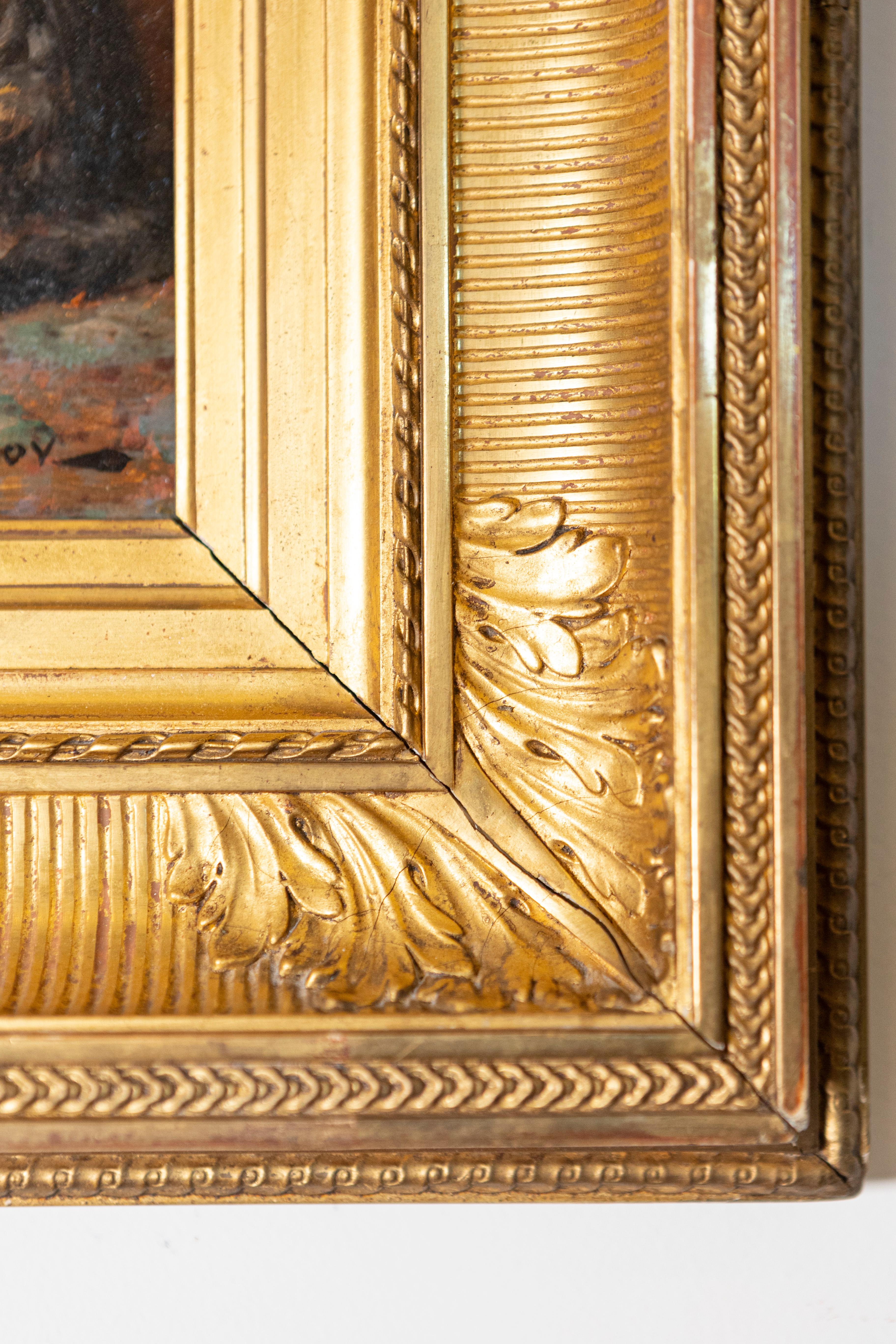 Francese Quadro con cornice in legno dorato francese, olio su pannello con gattino firmato Jules Le Roy in vendita