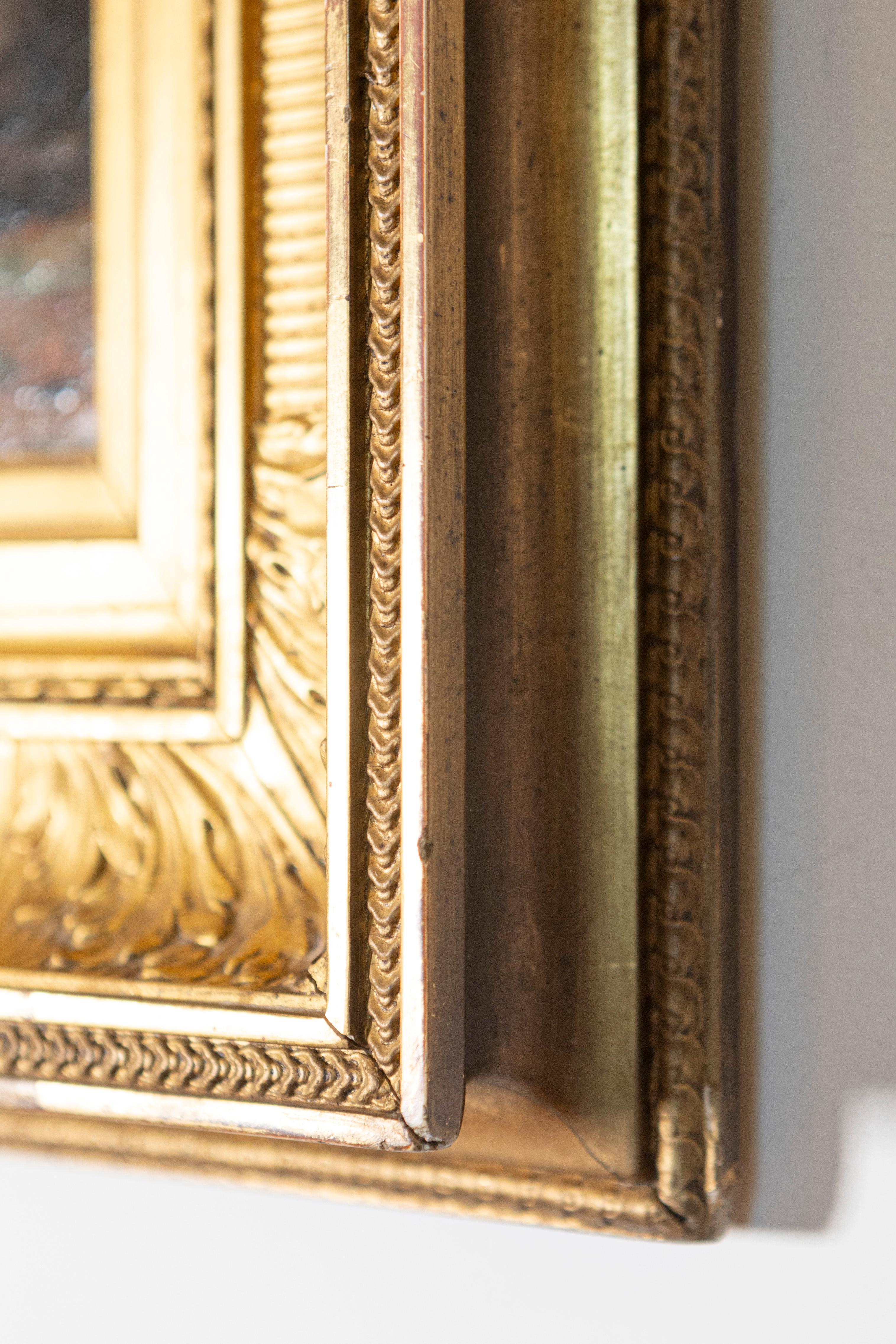 Intagliato Quadro con cornice in legno dorato francese, olio su pannello con gattino firmato Jules Le Roy in vendita