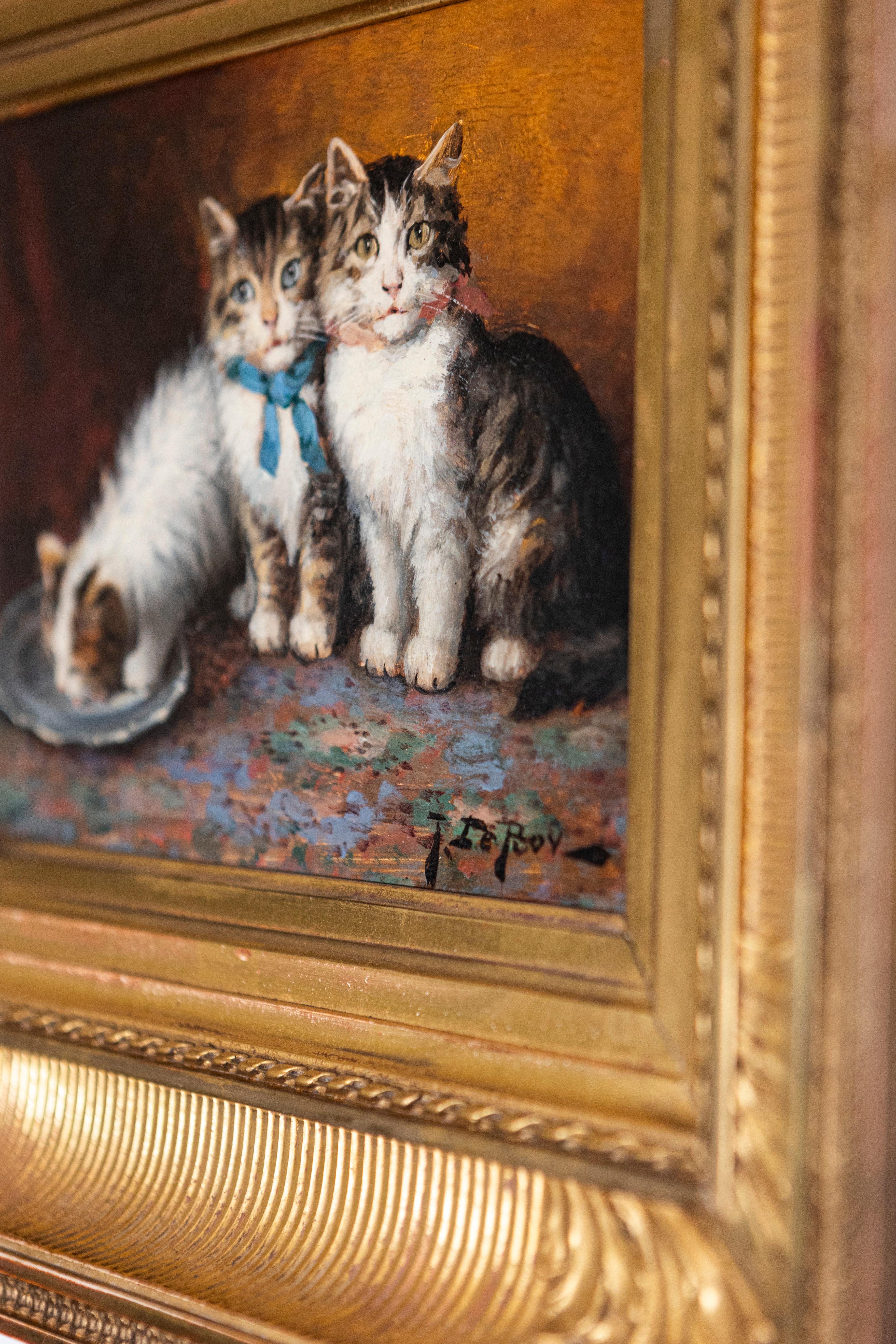 Quadro con cornice in legno dorato francese, olio su pannello con gattino firmato Jules Le Roy In condizioni buone in vendita a Atlanta, GA