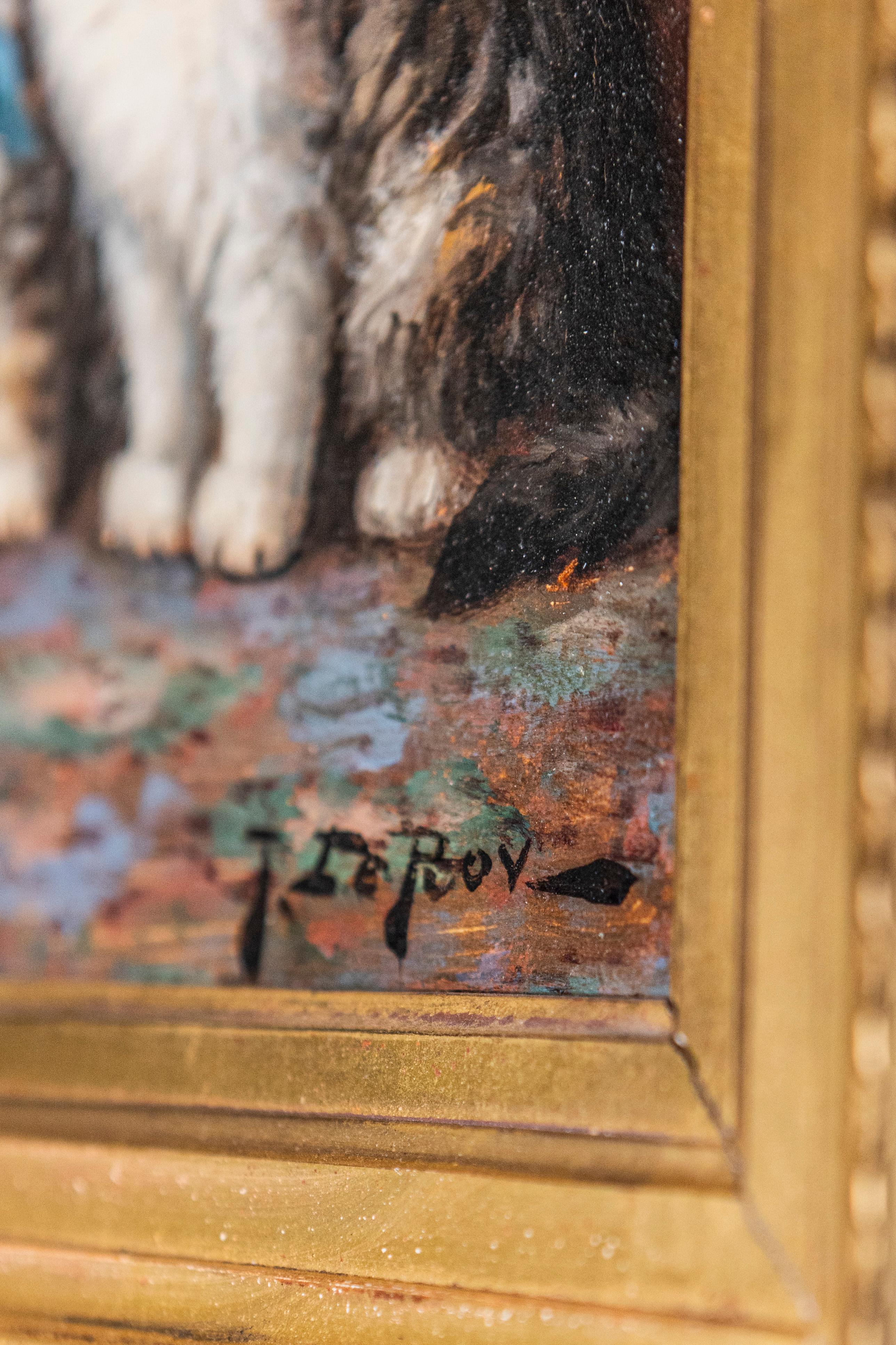 XX secolo Quadro con cornice in legno dorato francese, olio su pannello con gattino firmato Jules Le Roy in vendita