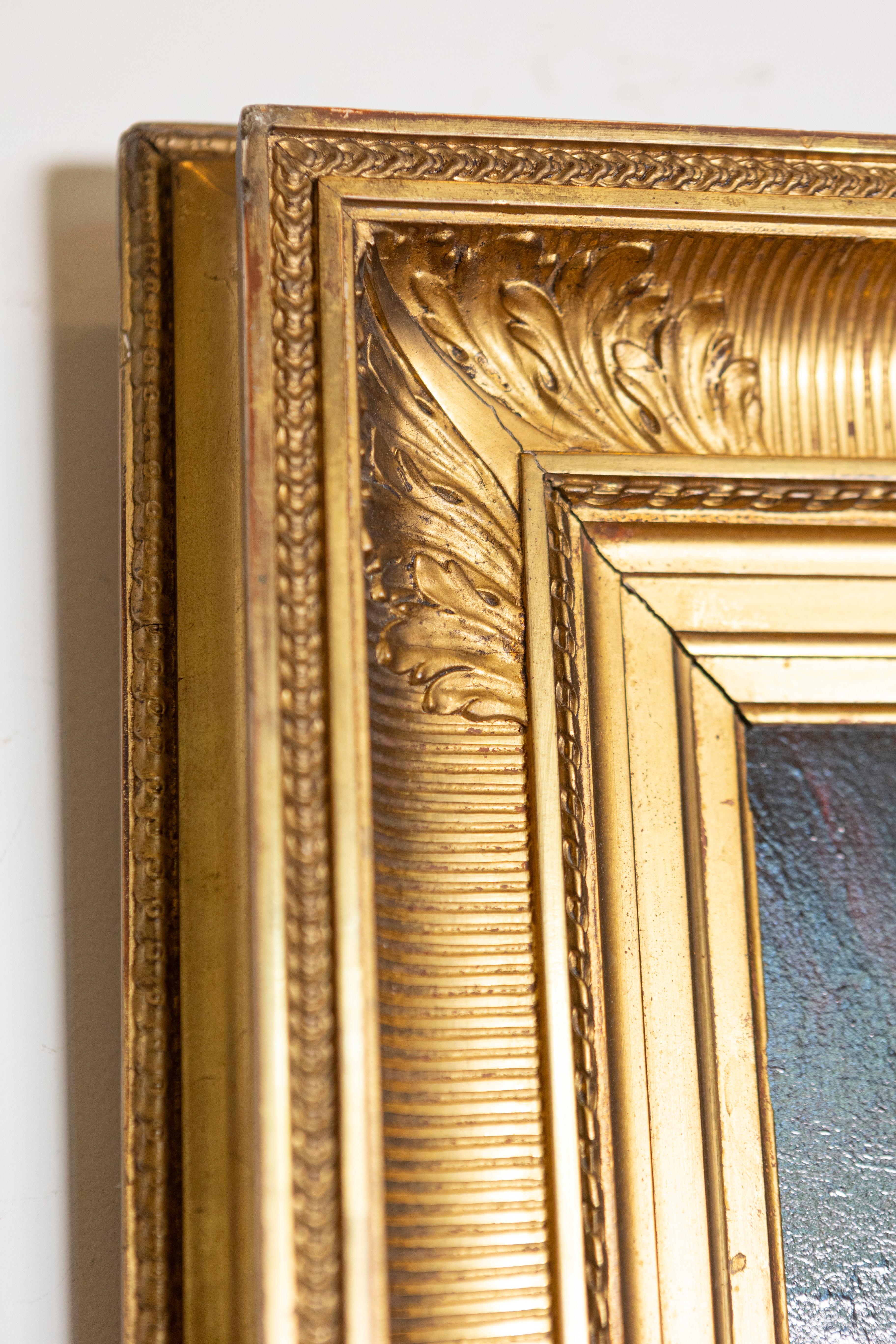 Legno Quadro con cornice in legno dorato francese, olio su pannello con gattino firmato Jules Le Roy in vendita