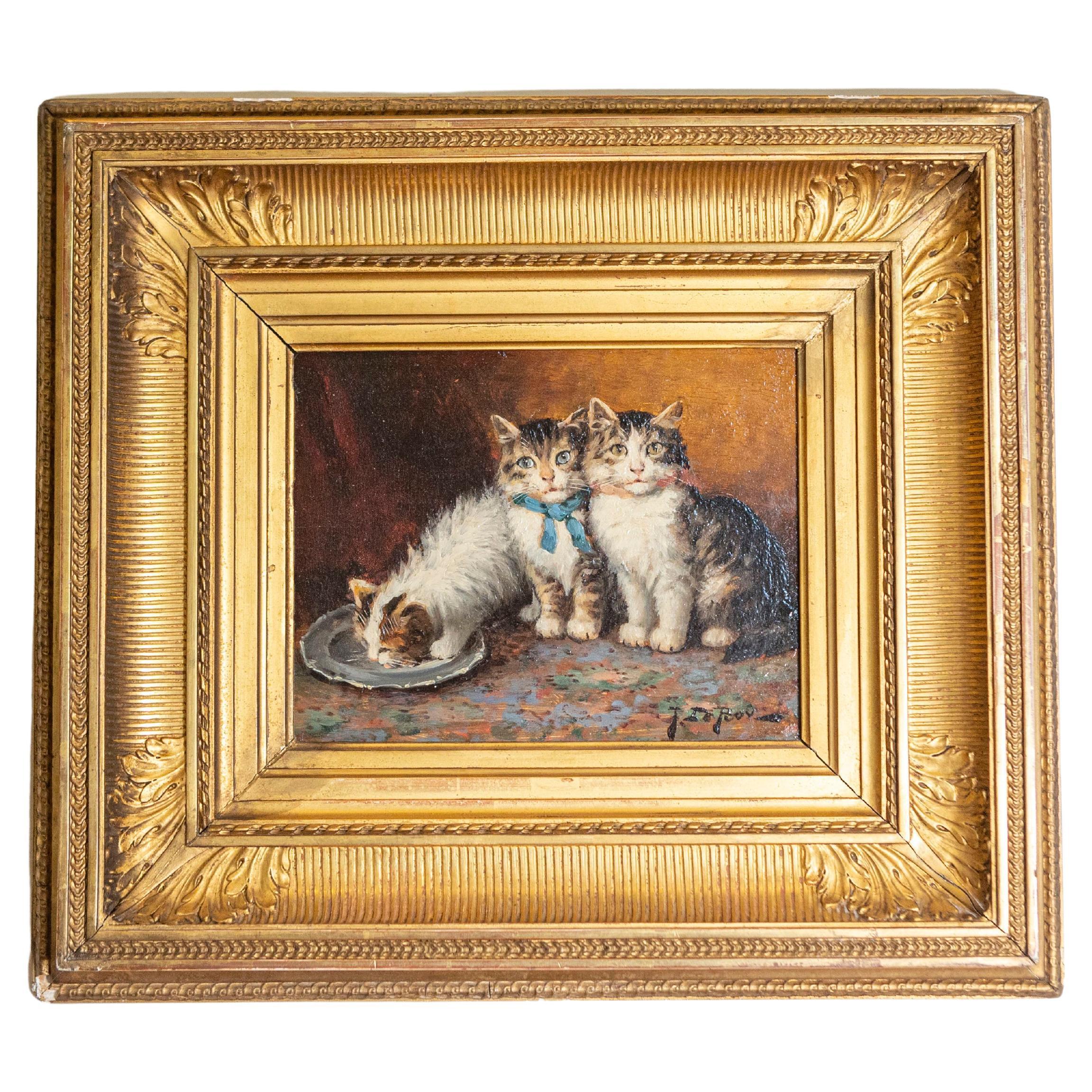 French Giltwood Framed Oil on Panel Kitten Painting Signed Jules Le Roy