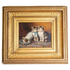 Antique French Giltwood Framed Oil on Panel Kitten Painting Signed Jules Le Roy