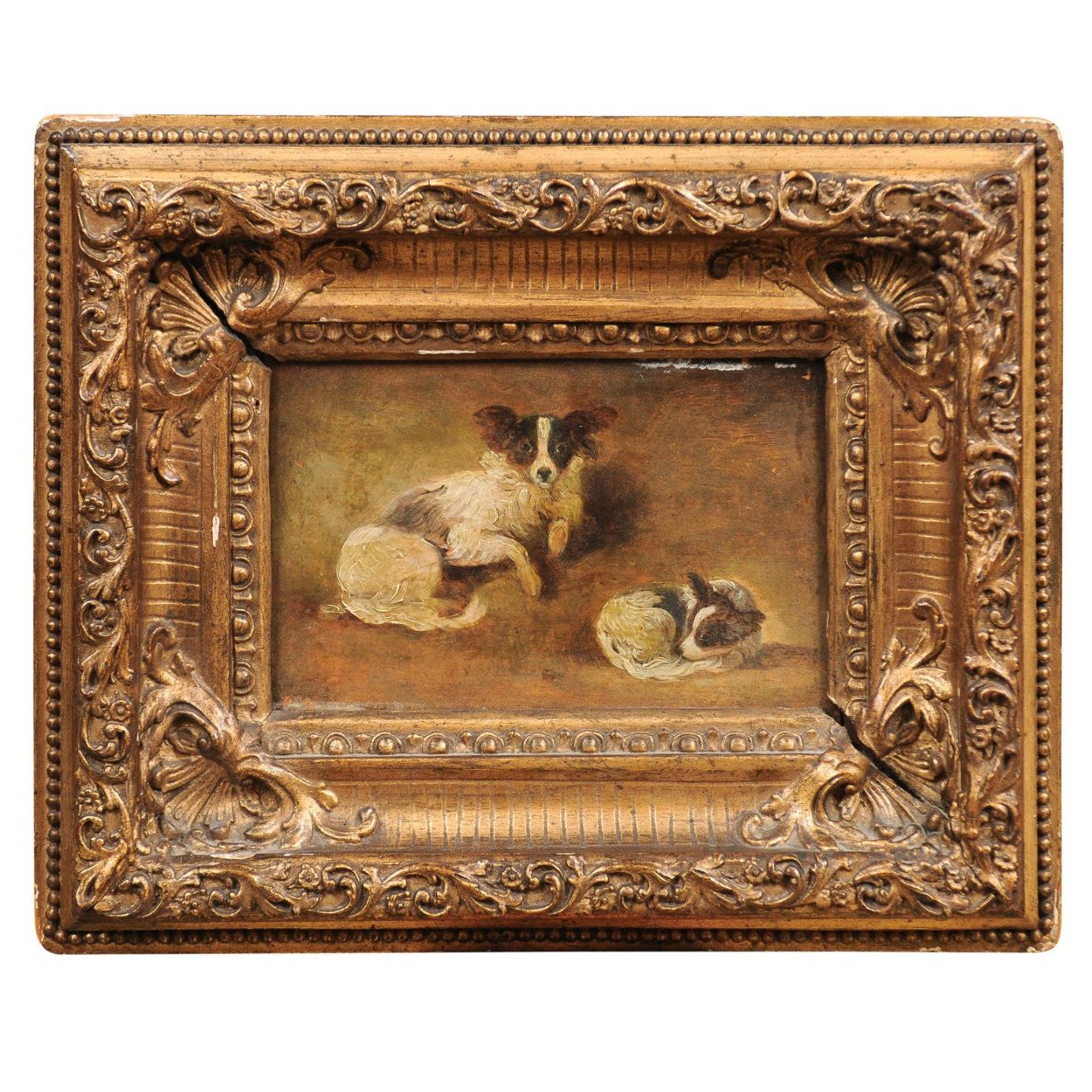French Giltwood Framed Oil on Panel Painting of Papillon Dogs