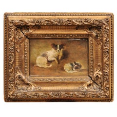 French Giltwood Framed Oil on Panel Painting of Papillon Dogs Antique French Giltwood Framed Oil on Panel Painting of Papillon Dogs