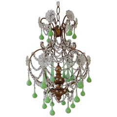 French Giltwood Green Opaline Murano Drops Crystal Prisms Chandelier, circa 1920