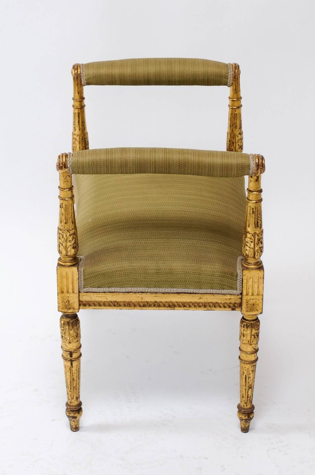 19th Century French Giltwood Louis XVI Style Upholstered Bench with Out-Scrolled Arms