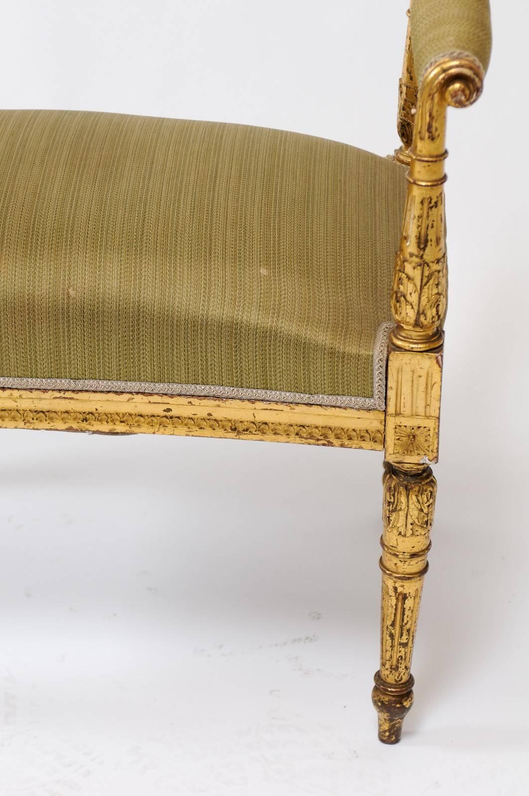 Upholstery French Giltwood Louis XVI Style Upholstered Bench with Out-Scrolled Arms