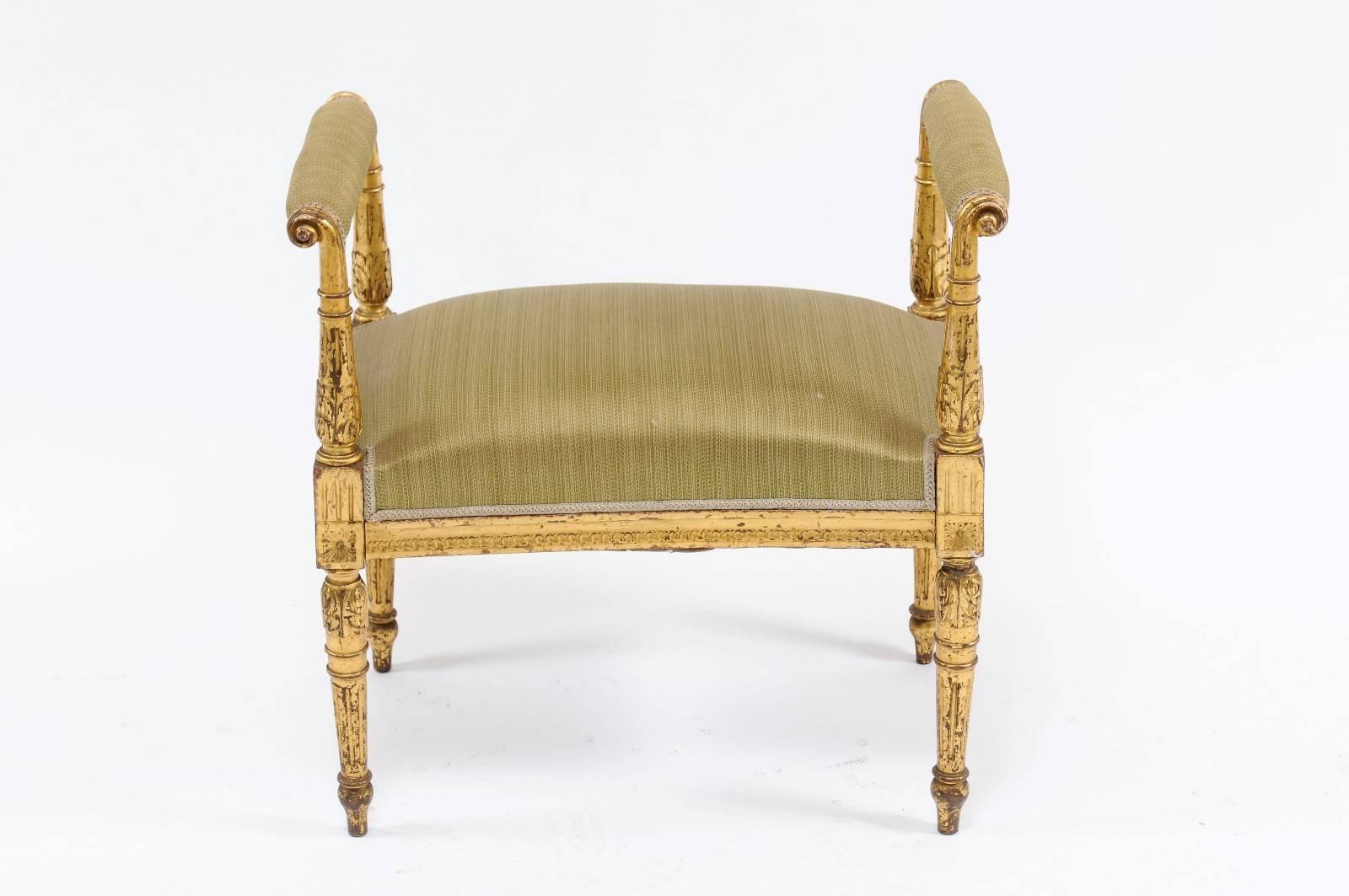 French Giltwood Louis XVI Style Upholstered Bench with Out-Scrolled Arms 1