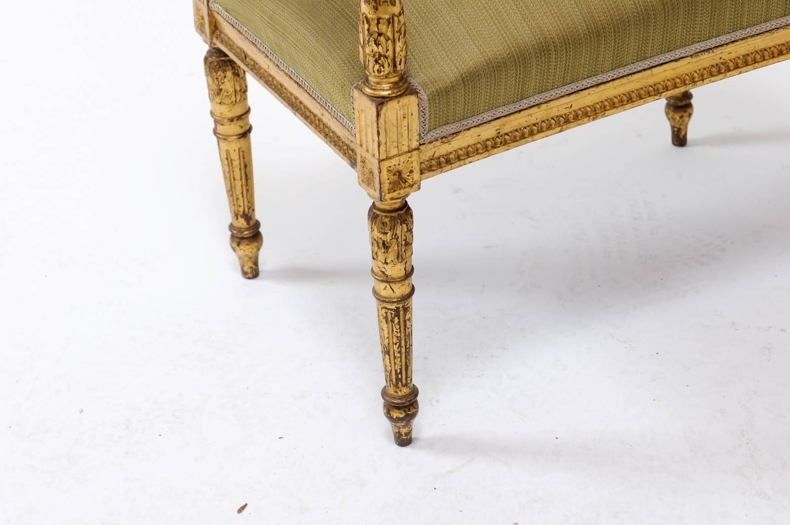 French Giltwood Louis XVI Style Upholstered Bench with Out-Scrolled Arms 3