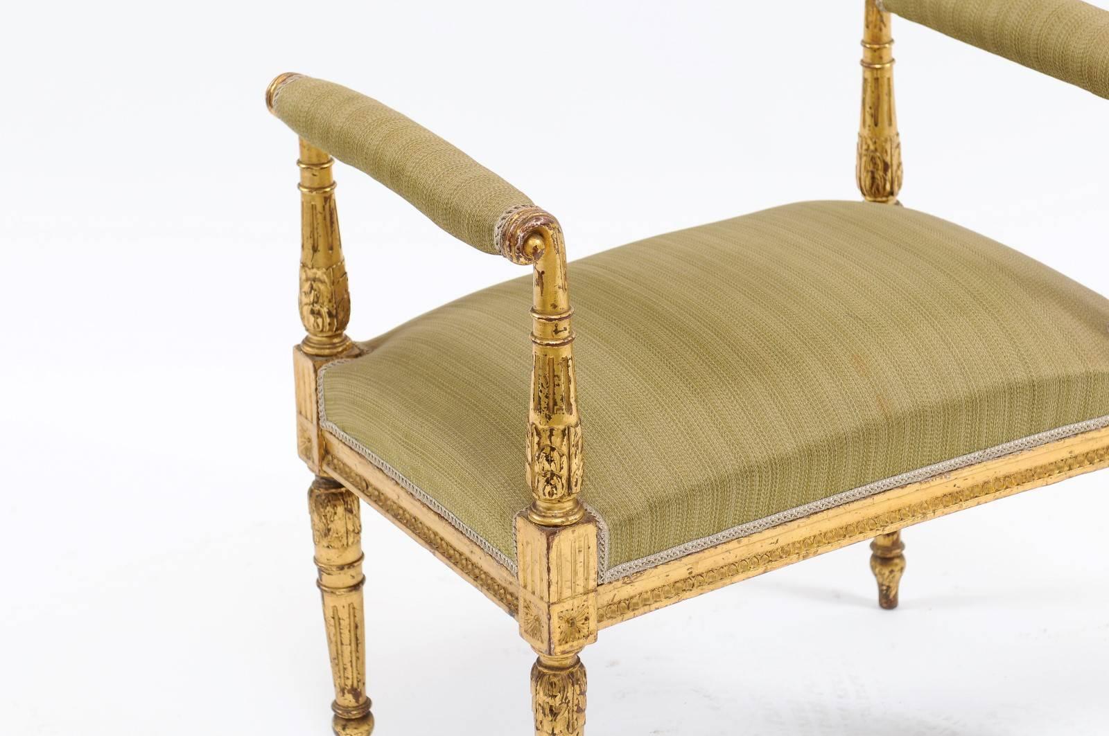 French Giltwood Louis XVI Style Upholstered Bench with Out-Scrolled Arms 4