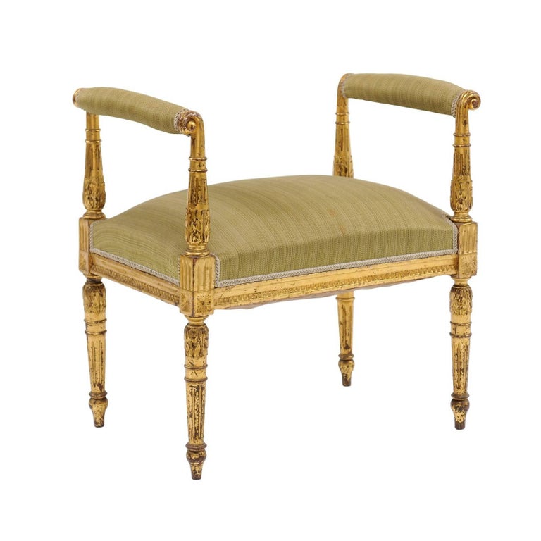 French Giltwood Louis XVI Style Upholstered Bench with OutScrolled