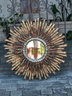 French Giltwood Midcentury Two-Layer Sunburst Mirror with Polychrome Accents