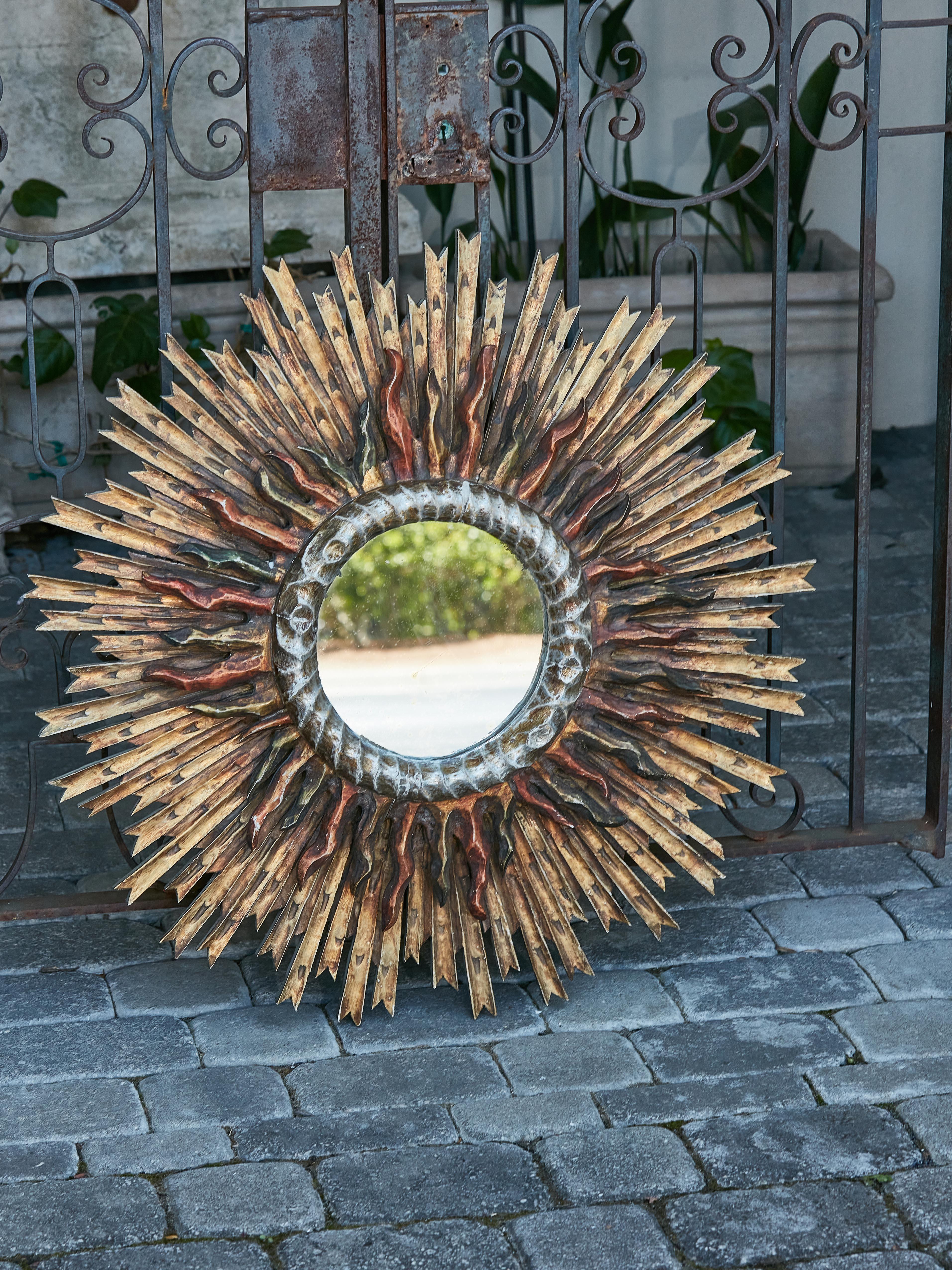 Mid-Century Modern French Giltwood Midcentury Two-Layer Sunburst Mirror with Polychrome Accents For Sale