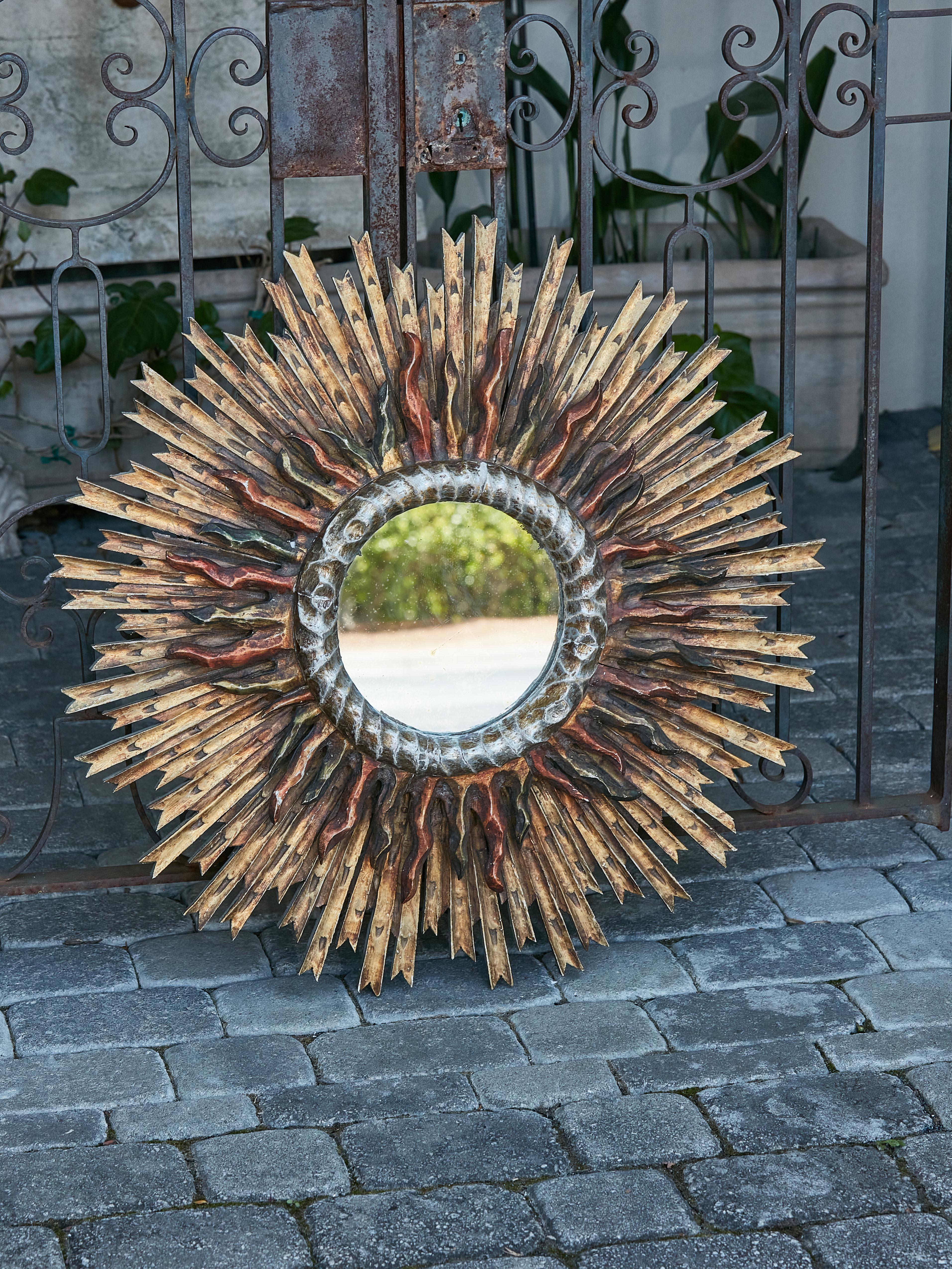 Carved French Giltwood Midcentury Two-Layer Sunburst Mirror with Polychrome Accents For Sale