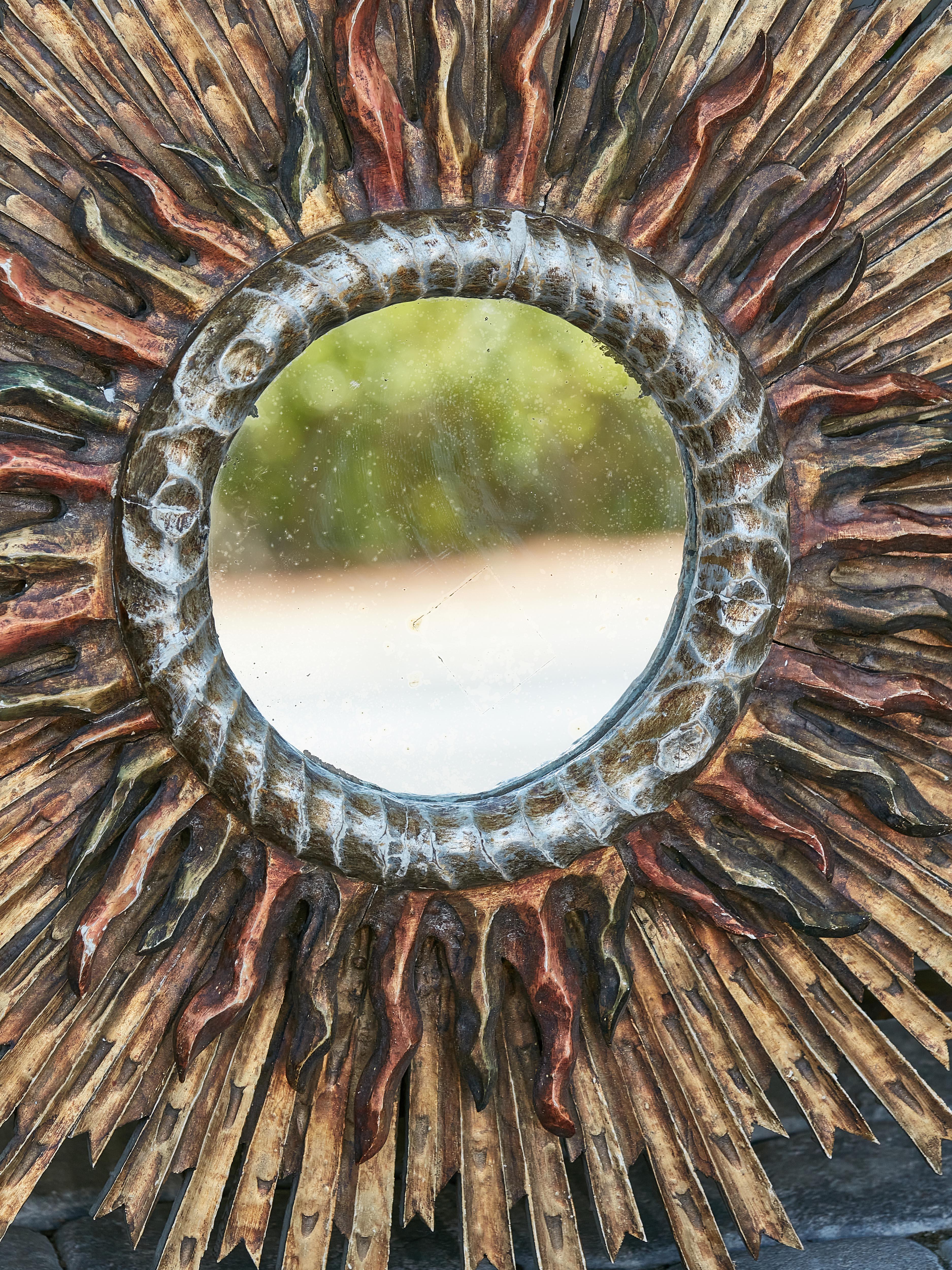 20th Century French Giltwood Midcentury Two-Layer Sunburst Mirror with Polychrome Accents For Sale