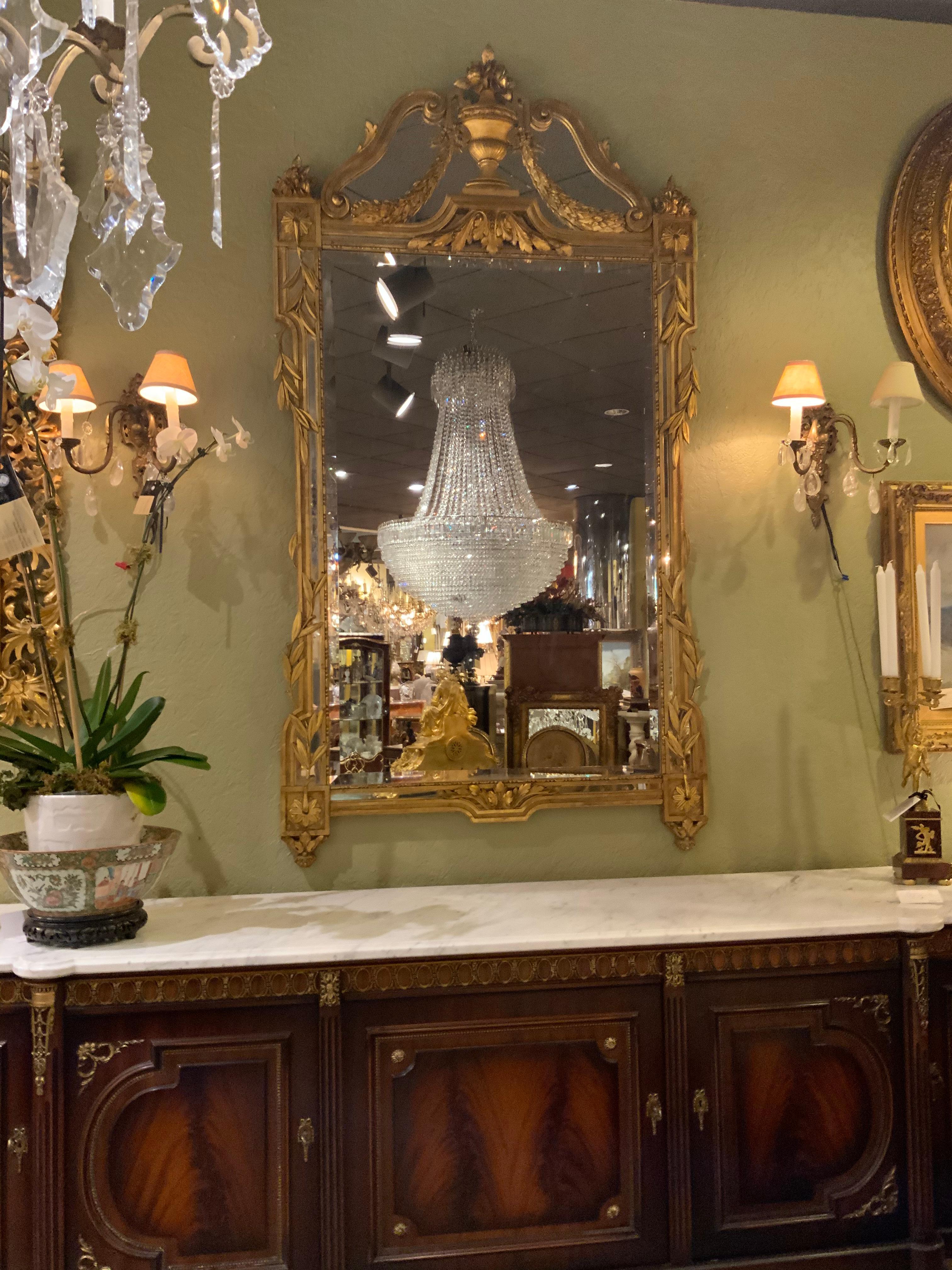 Louis XVI French Giltwood Mirror, 19th C. Beveled with Urn and Foliate Designs For Sale