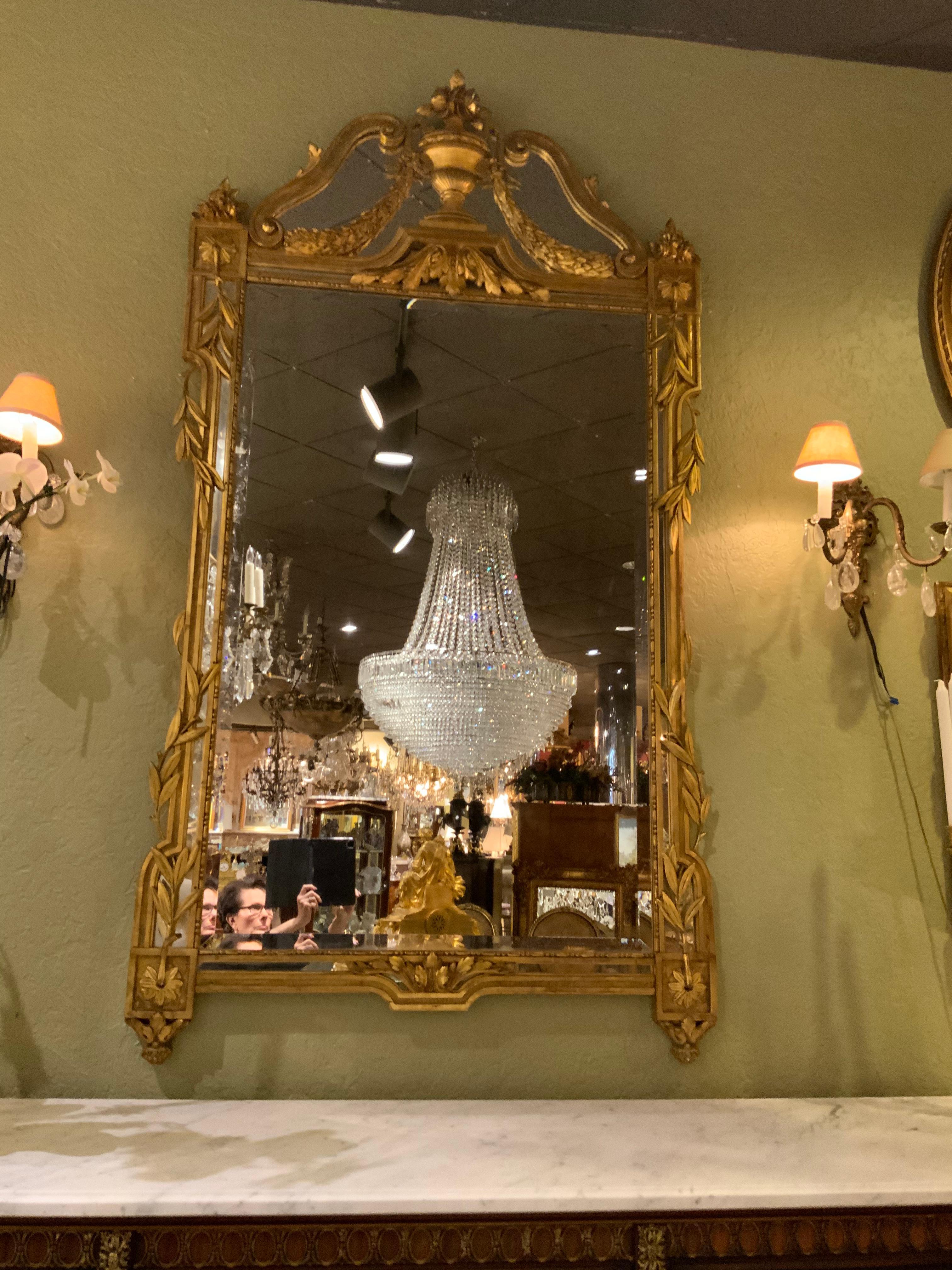 19th Century French Giltwood Mirror, 19th C. Beveled with Urn and Foliate Designs For Sale