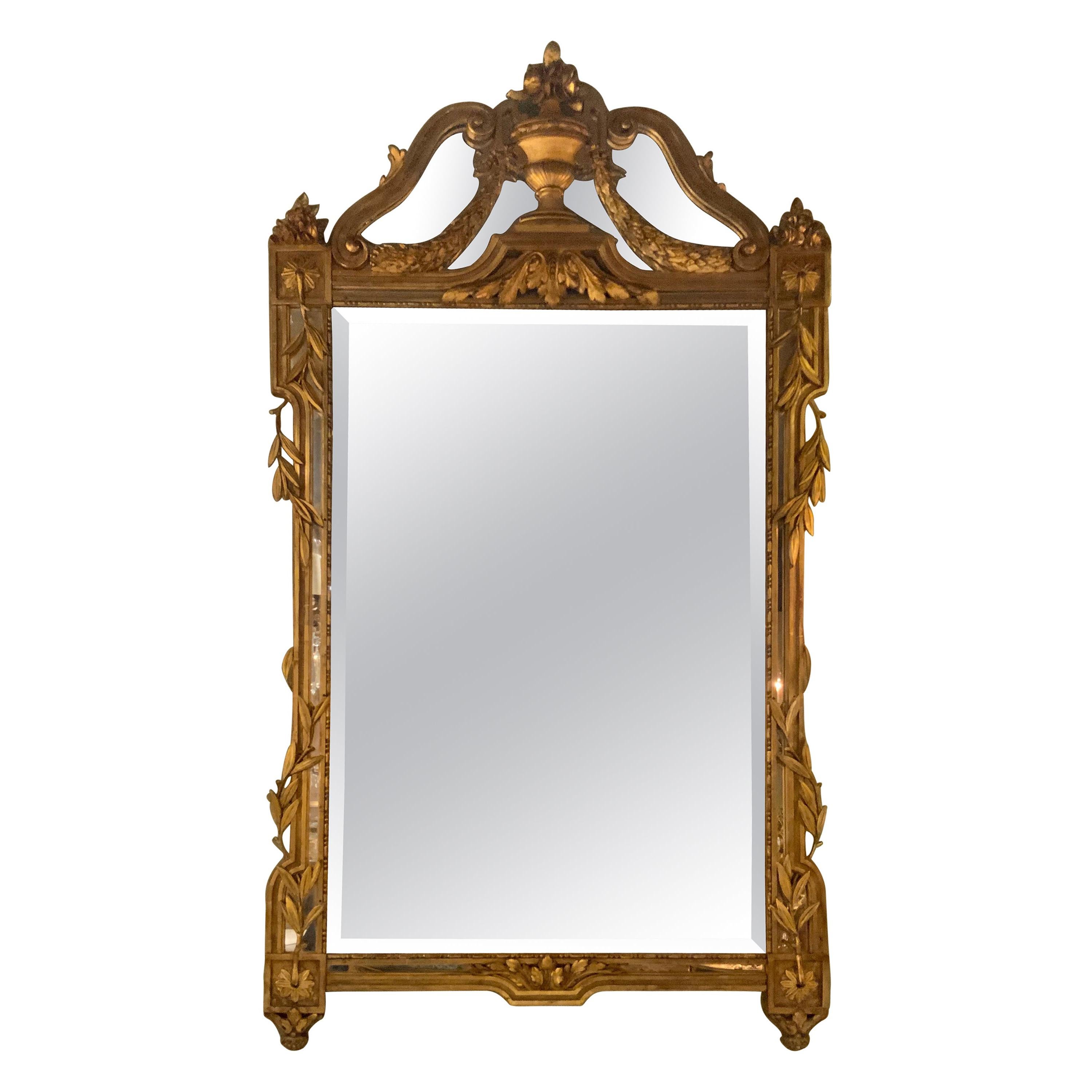 French Giltwood Mirror, 19th C. Beveled with Urn and Foliate Designs For Sale