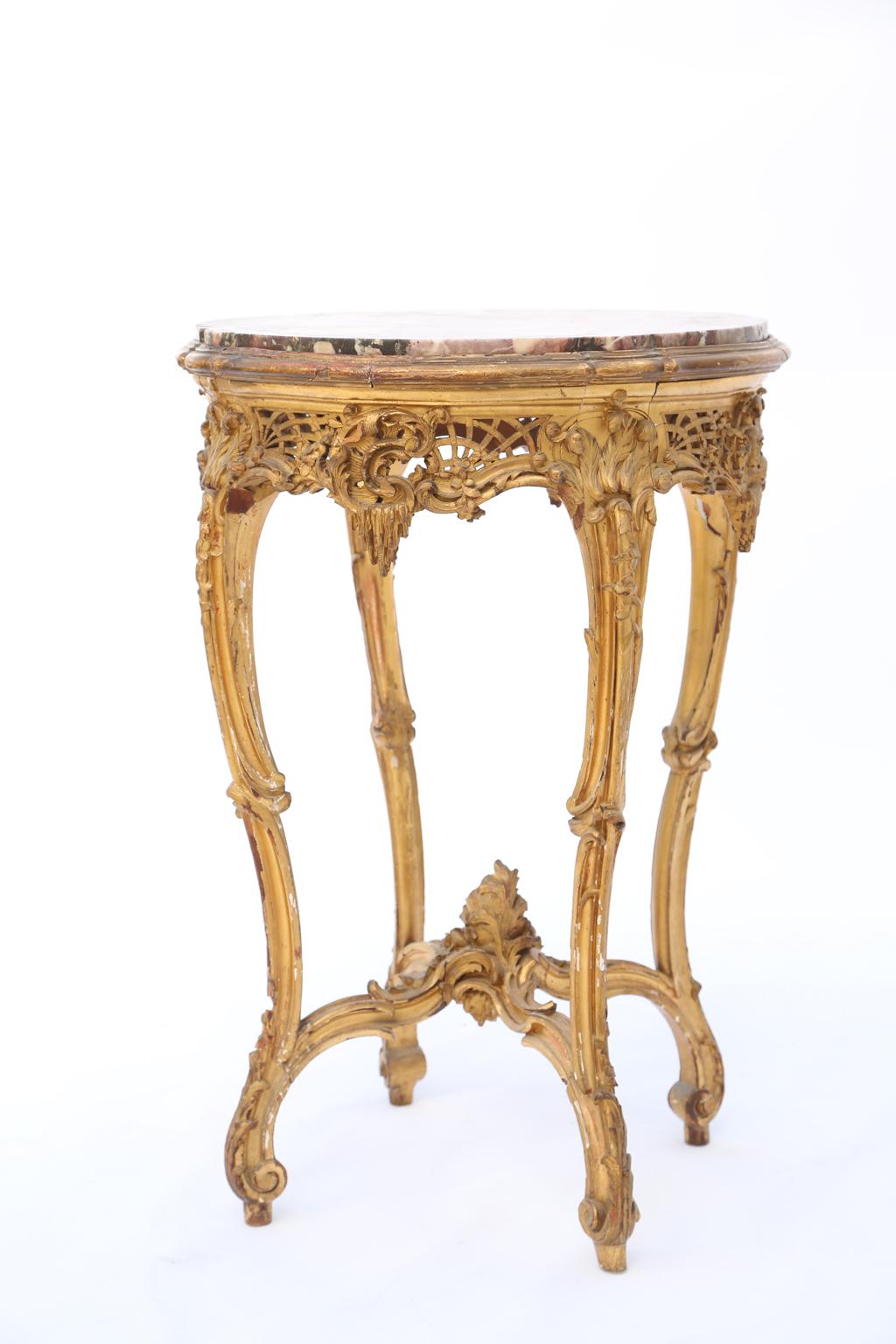 Rococo French Giltwood Occasional Table with Rouge Marble Top, 19th Century