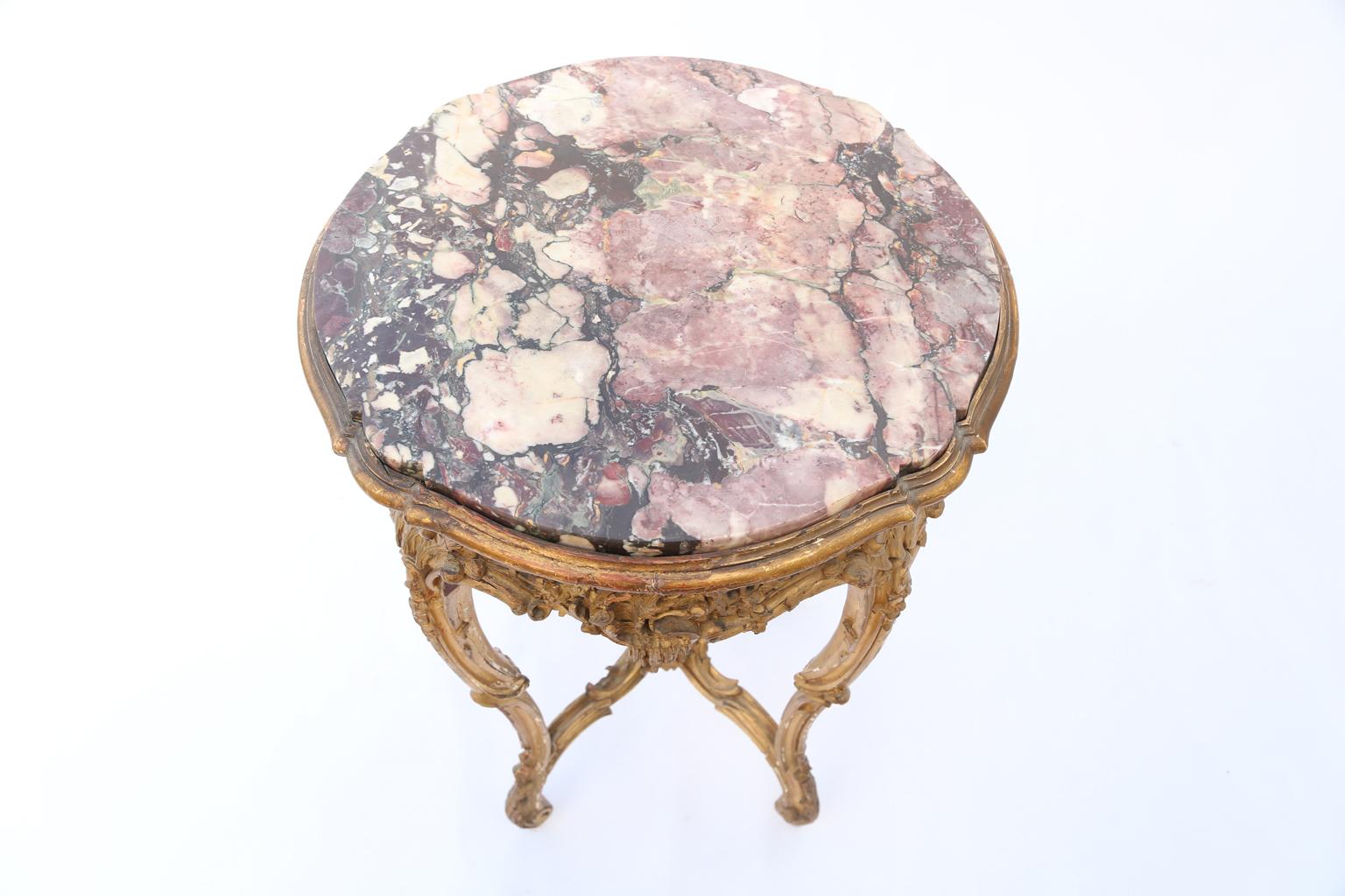 Carved French Giltwood Occasional Table with Rouge Marble Top, 19th Century