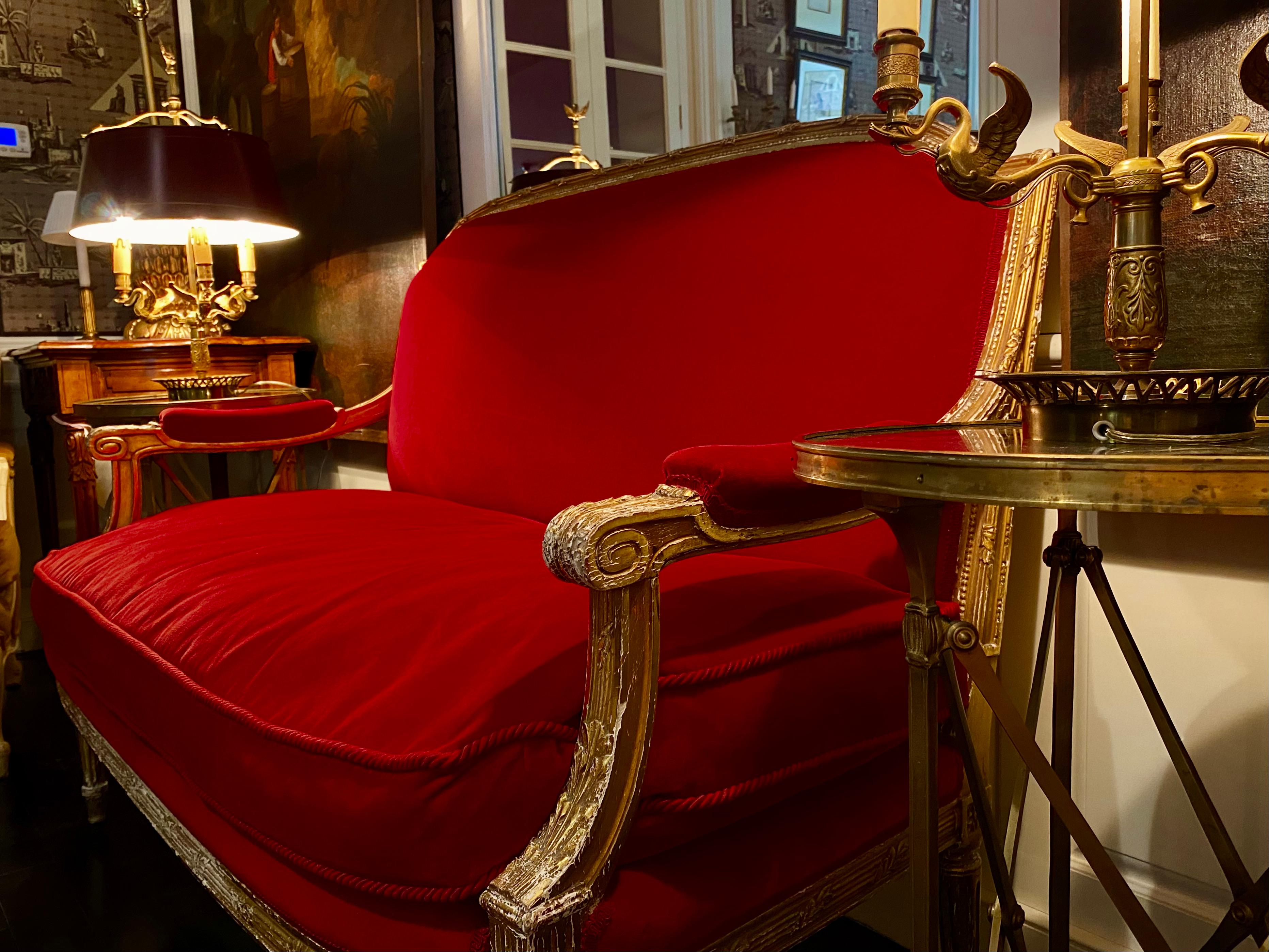French Giltwood Settee Sofa, Style Louis XVI, Red Velvet, 19th Century 5