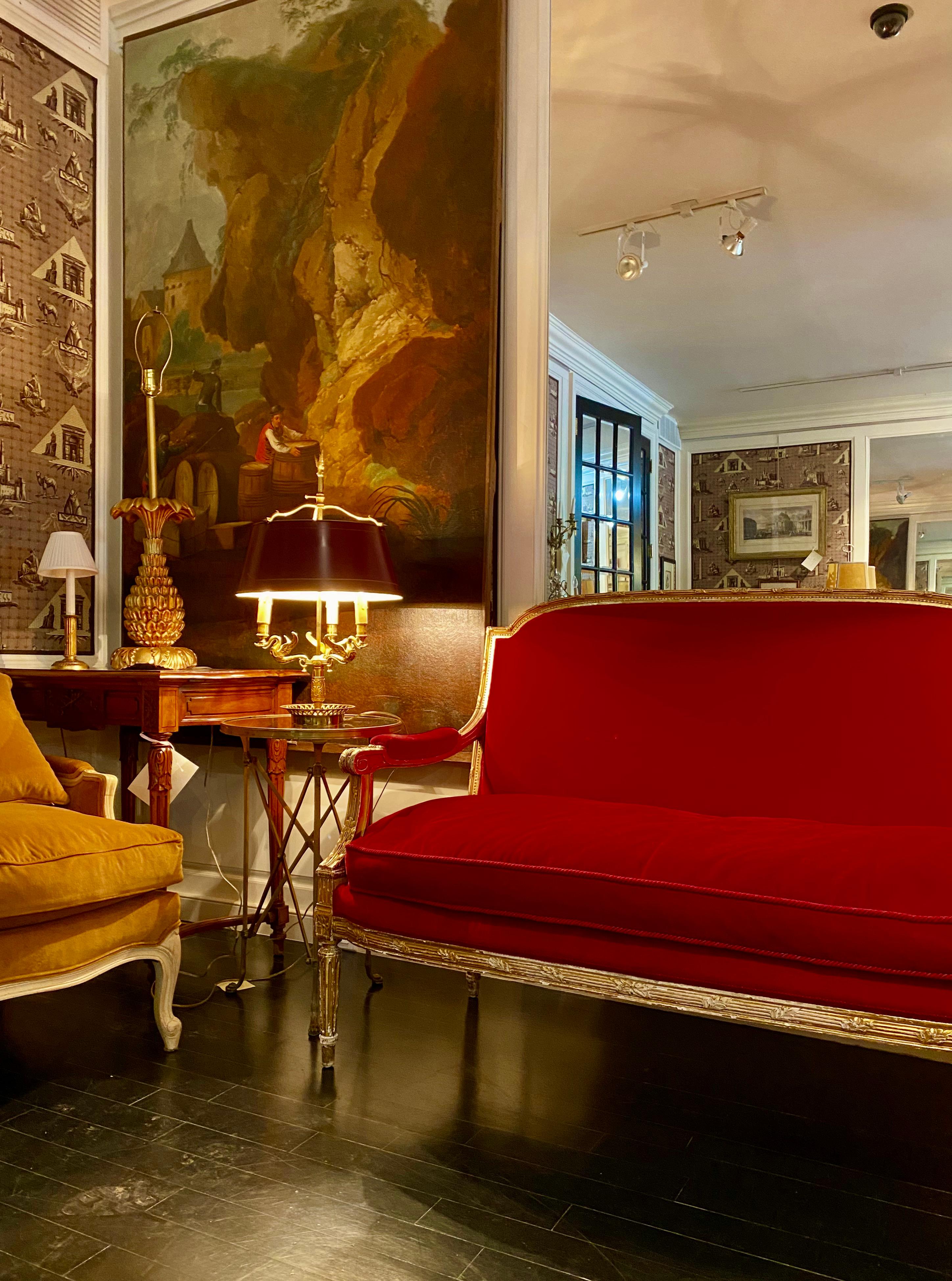 French Giltwood Settee Sofa, Style Louis XVI, Red Velvet, 19th Century 7