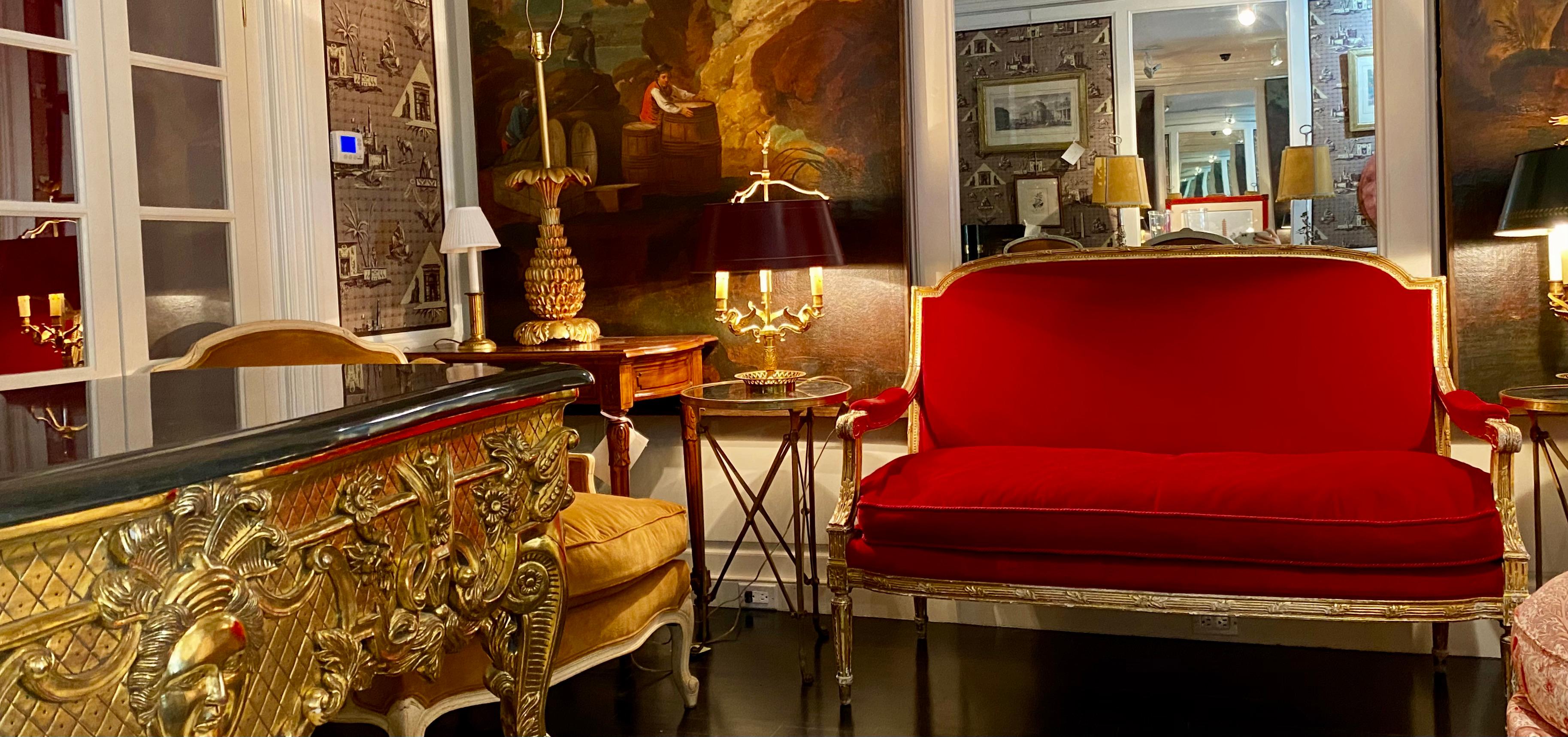 French Giltwood Settee Sofa, Style Louis XVI, Red Velvet, 19th Century 13