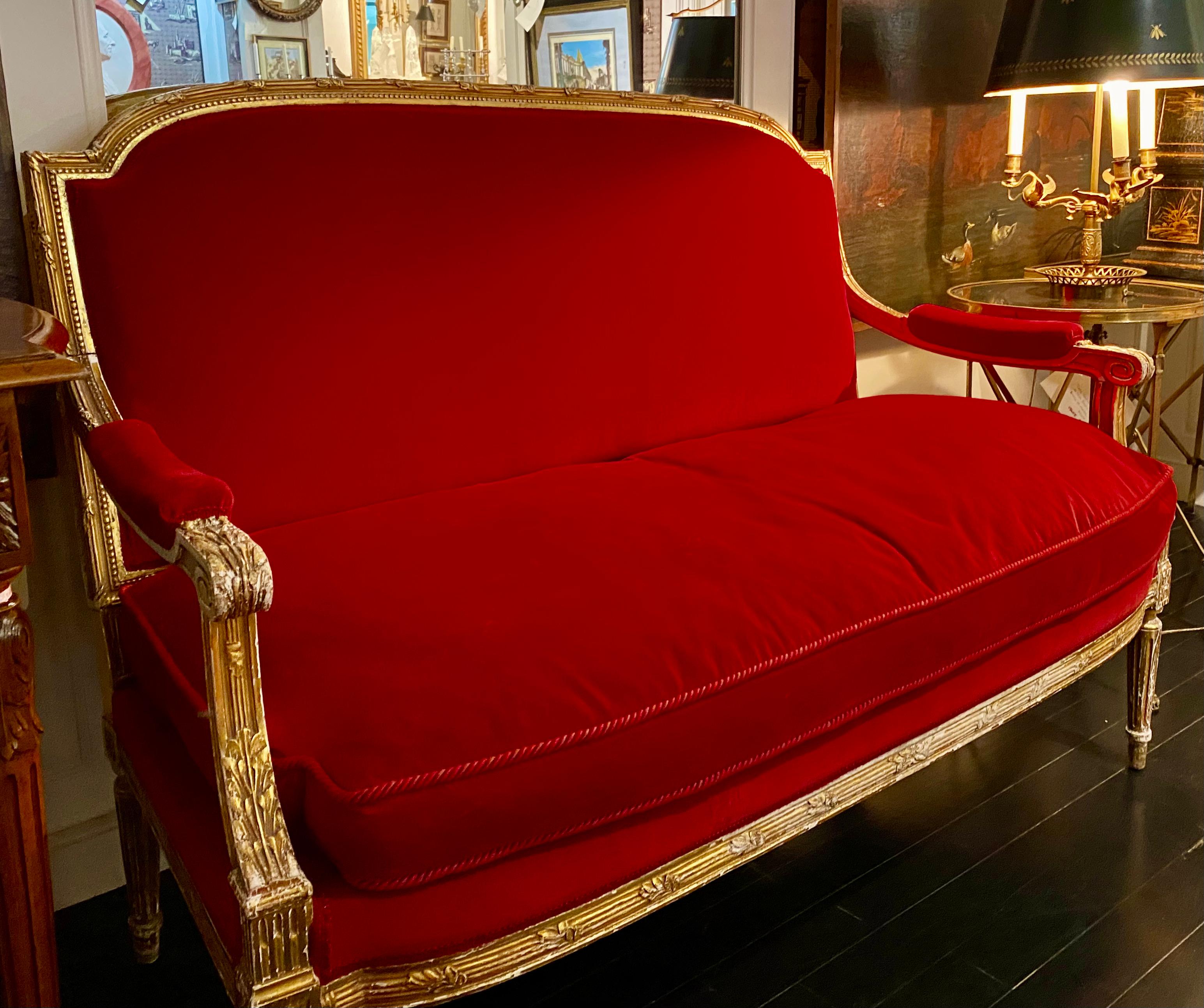 French Giltwood Settee Sofa, Style Louis XVI, Red Velvet, 19th Century For Sale 2