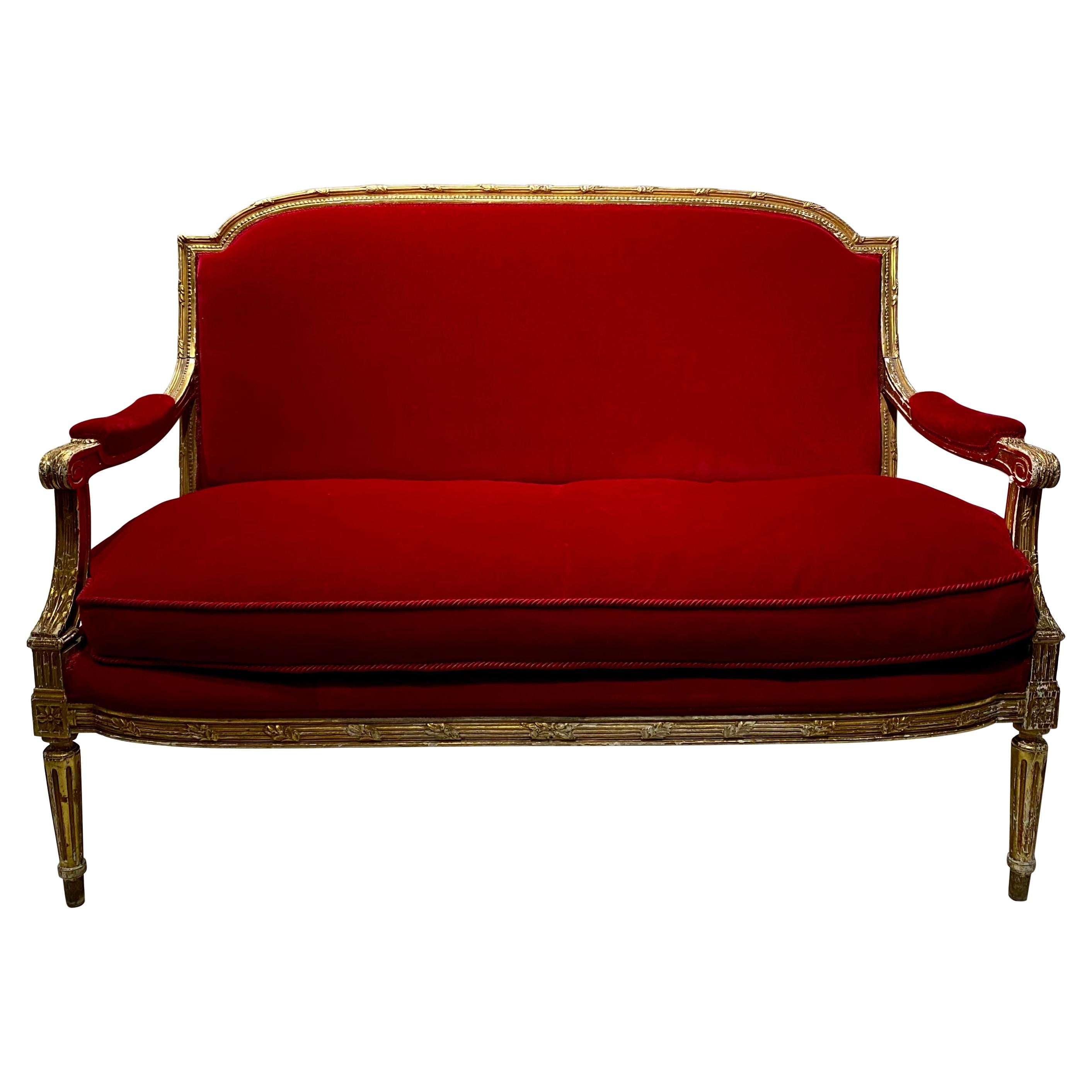 French Giltwood Settee Sofa, Style Louis XVI, Red Velvet, 19th Century