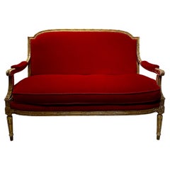 French Giltwood Settee Sofa, Style Louis XVI, Red Velvet, 19th Century